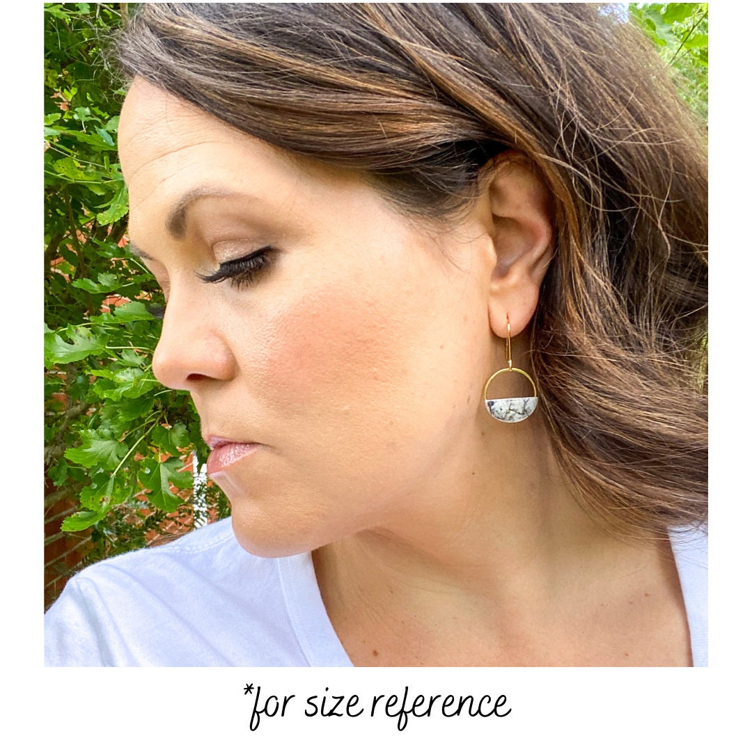 Half Circle Clay Statement Earring, White and Gold Leaf Clay Drop Earring, Modern Lightweight Clay Earring, Light Shine Jewelry