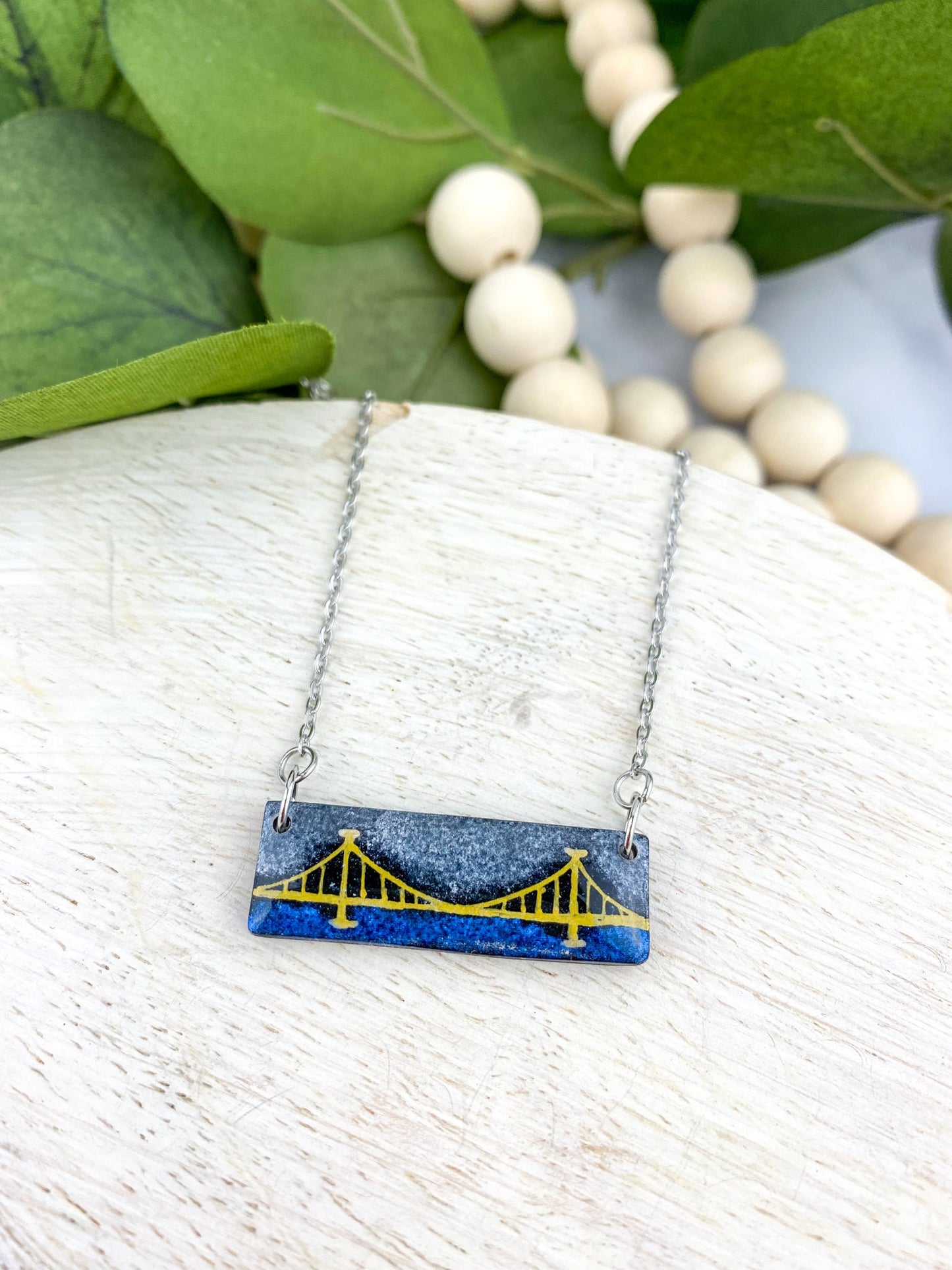 Pittsburgh Bridge Bar Necklace | Yinzer Jewelry | Clay Bridge Jewelry | Pittsburgh Gifts | Hand drawn Bridge | Light Shine | Silver Bar