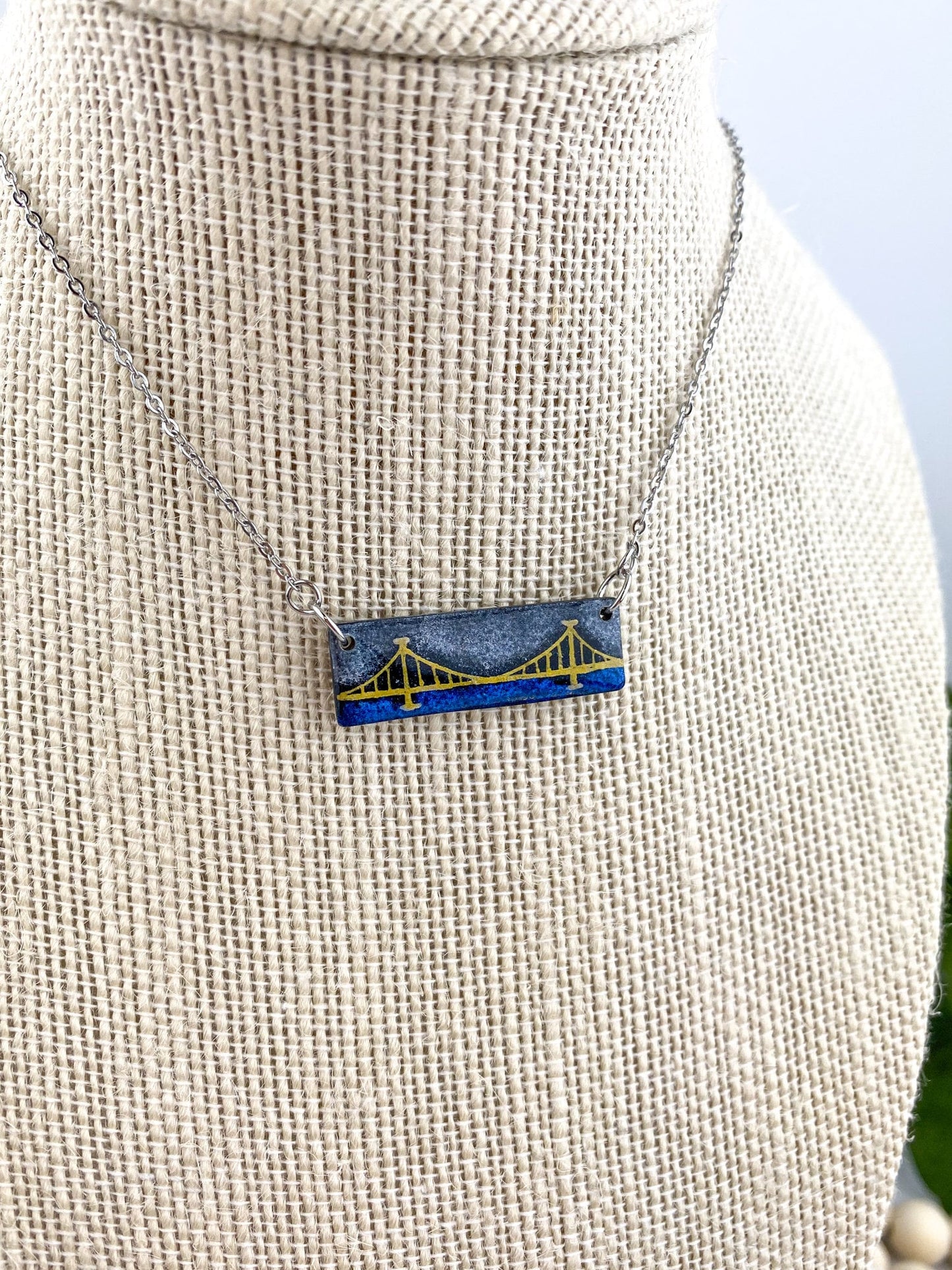 Pittsburgh Bridge Bar Necklace | Yinzer Jewelry | Clay Bridge Jewelry | Pittsburgh Gifts | Hand drawn Bridge | Light Shine | Silver Bar