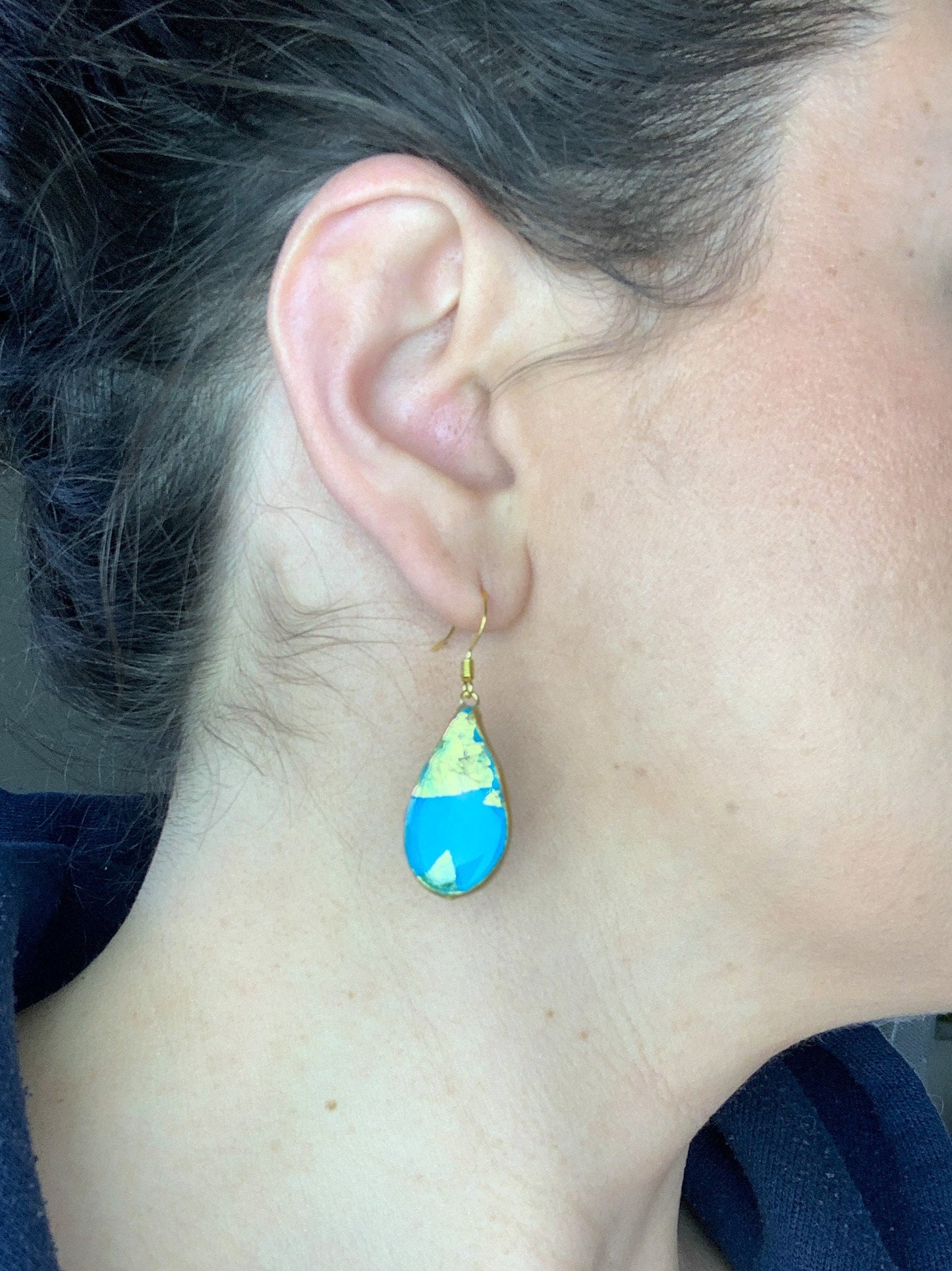 Black Clay and Gold Leaf Teardrop Shaped Earring, Classic Earring, Lightweight Nickel-Free, Light Shine Jewelry