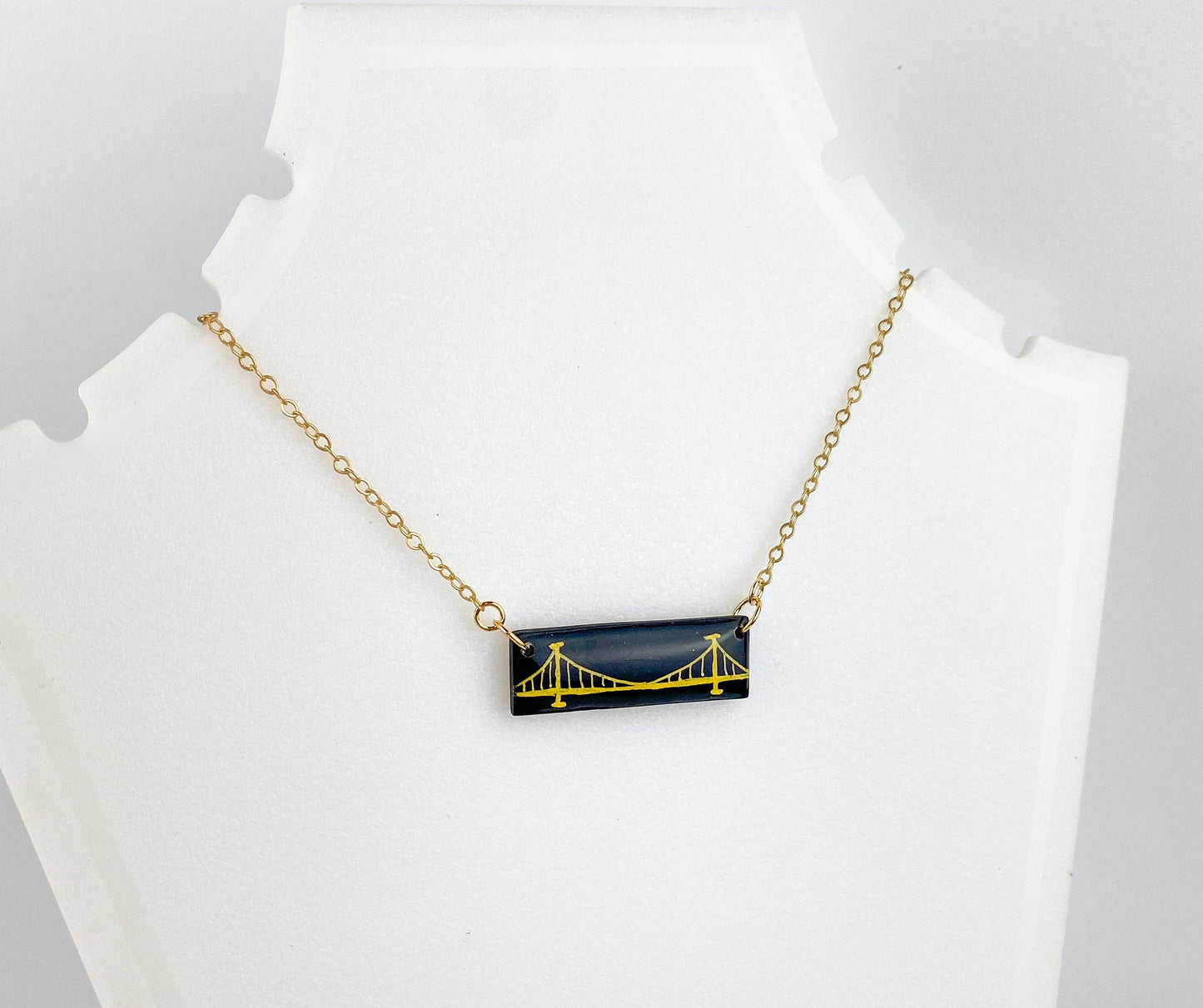 Pittsburgh Jewelry | Clay Bridge Necklace | Light Shine Lightweight Clay Black and Gold-Hand Drawn Adjustable Bar Necklace