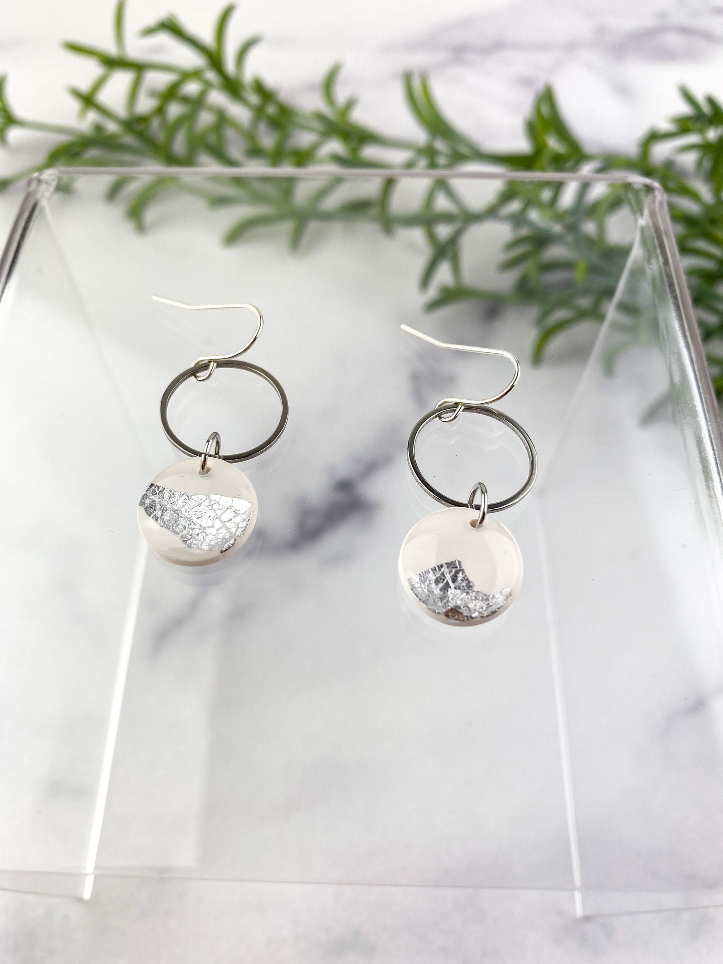 Lauren | White Clay and Silver Leaf Circle Drop Earring, Cute Clay Statement Earring, Nickel-Free Earring - Light Shine Jewelry, Lightweight