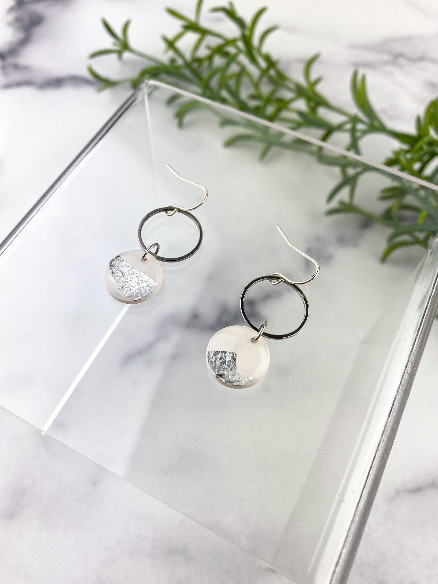 Lauren | White Clay and Silver Leaf Circle Drop Earring, Cute Clay Statement Earring, Nickel-Free Earring - Light Shine Jewelry, Lightweight