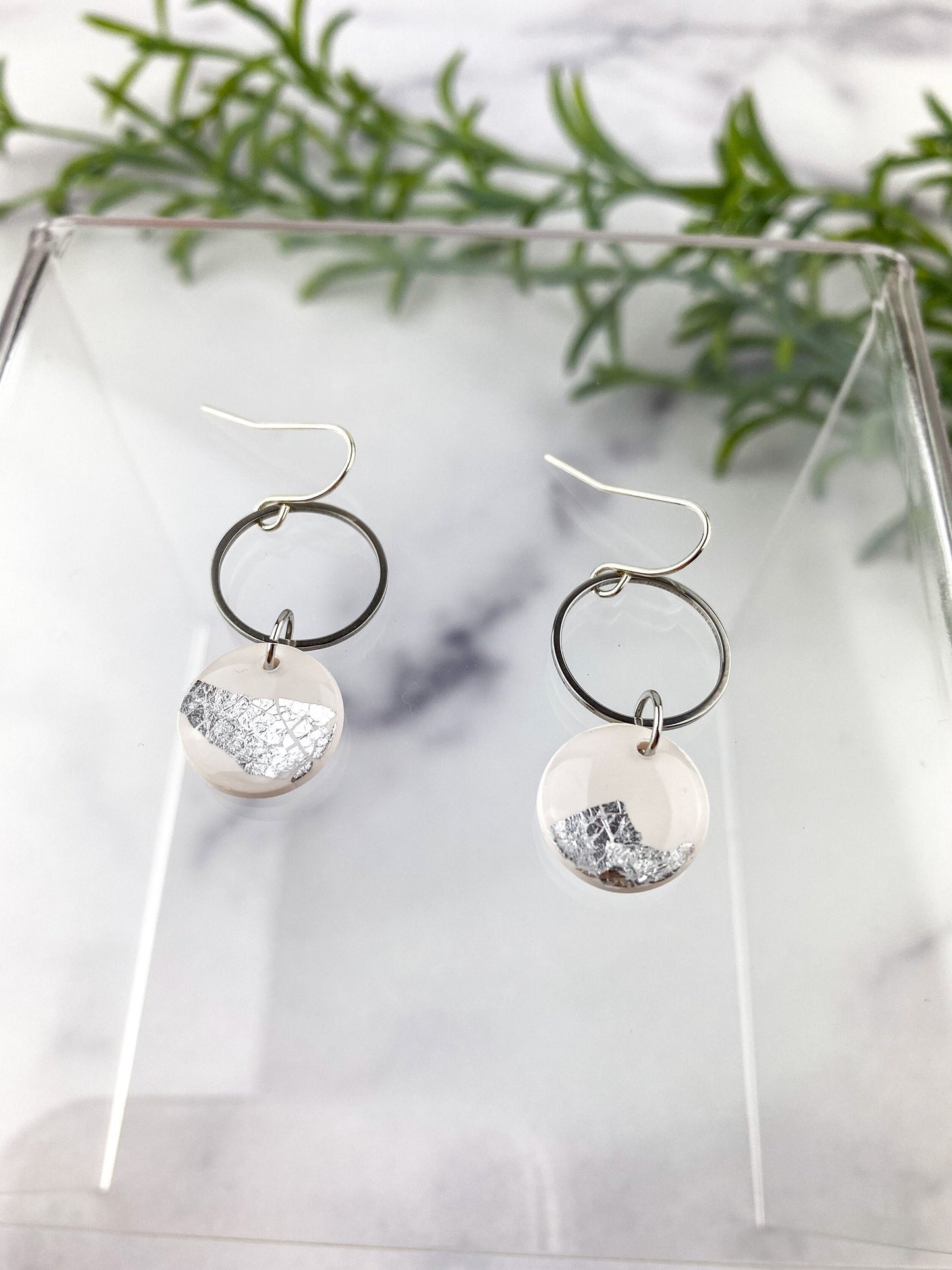 Lauren | White Clay and Silver Leaf Circle Drop Earring, Cute Clay Statement Earring, Nickel-Free Earring - Light Shine Jewelry, Lightweight