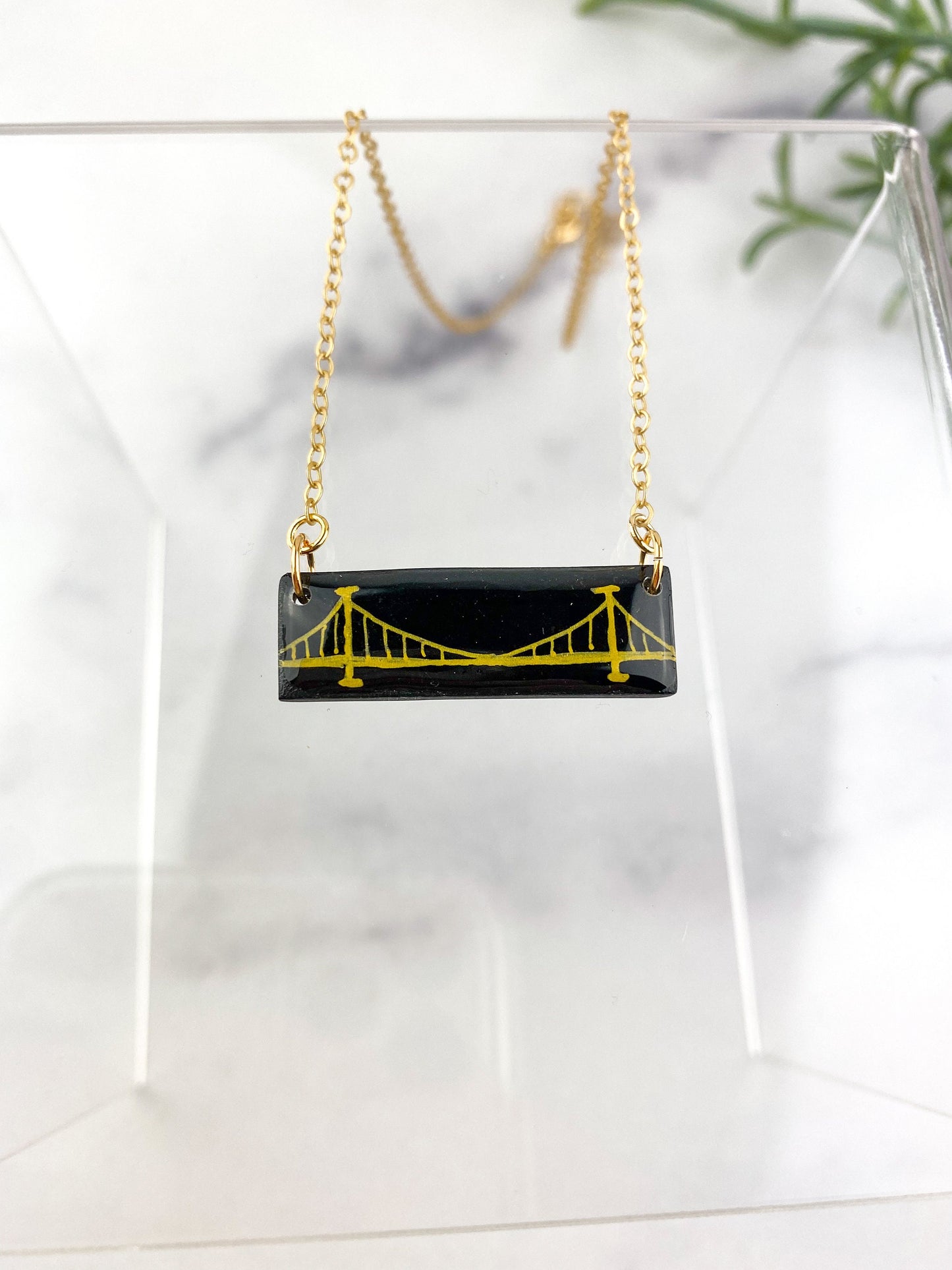 Pittsburgh Jewelry | Clay Bridge Necklace | Light Shine Lightweight Clay Black and Gold-Hand Drawn Adjustable Bar Necklace