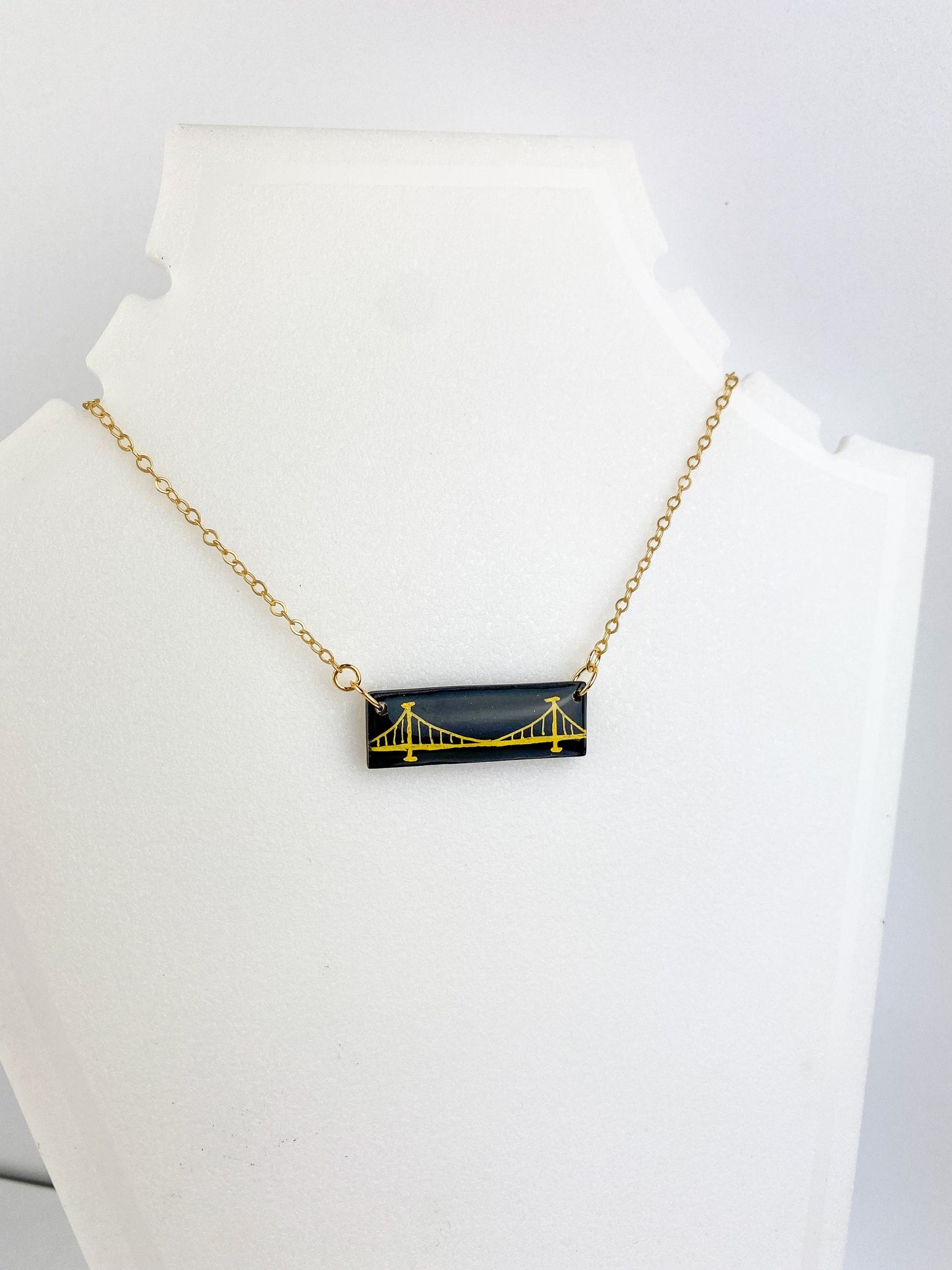 Pittsburgh Jewelry | Clay Bridge Necklace | Light Shine Lightweight Clay Black and Gold-Hand Drawn Adjustable Bar Necklace