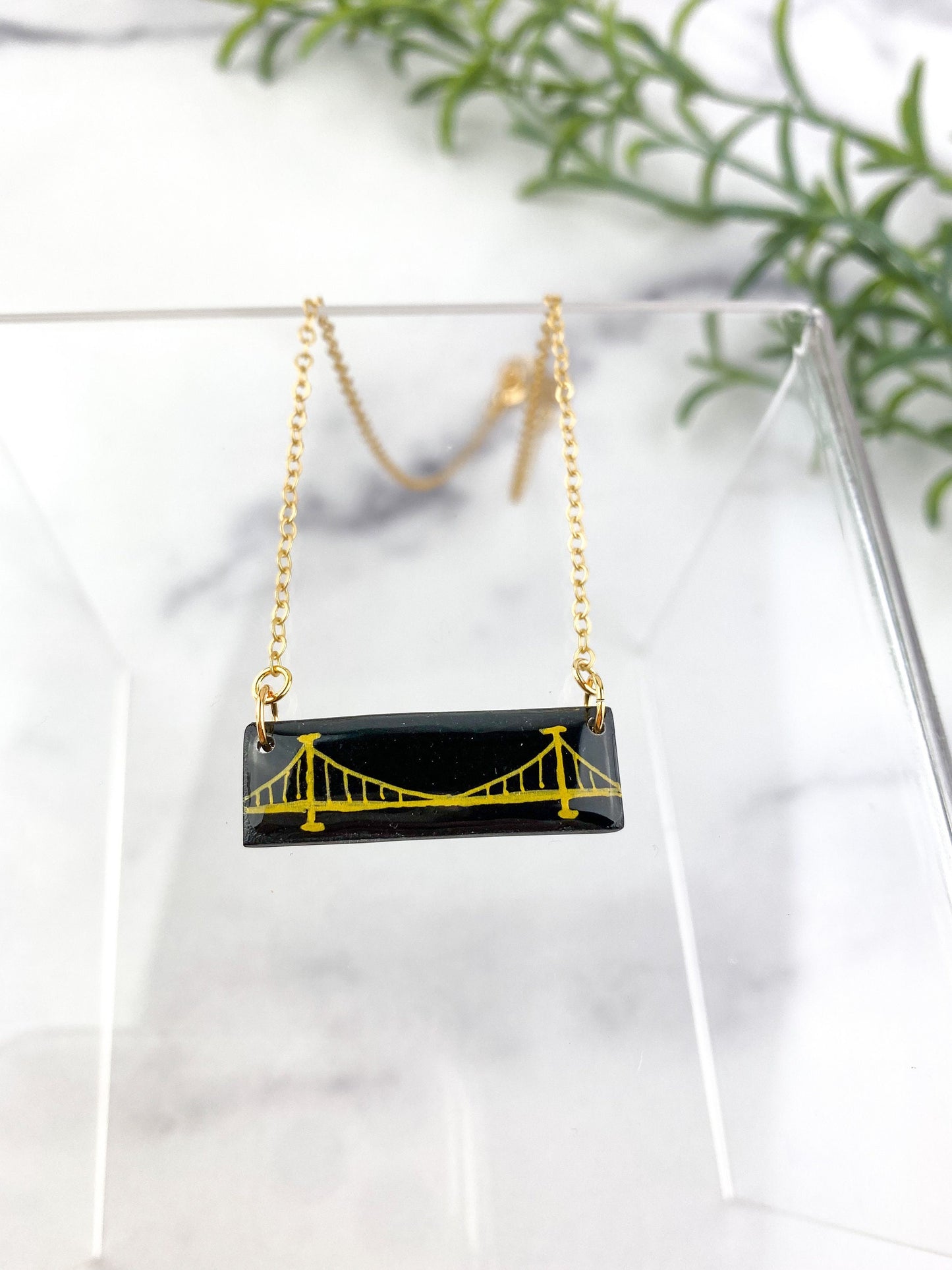 Pittsburgh Jewelry | Clay Bridge Necklace | Light Shine Lightweight Clay Black and Gold-Hand Drawn Adjustable Bar Necklace