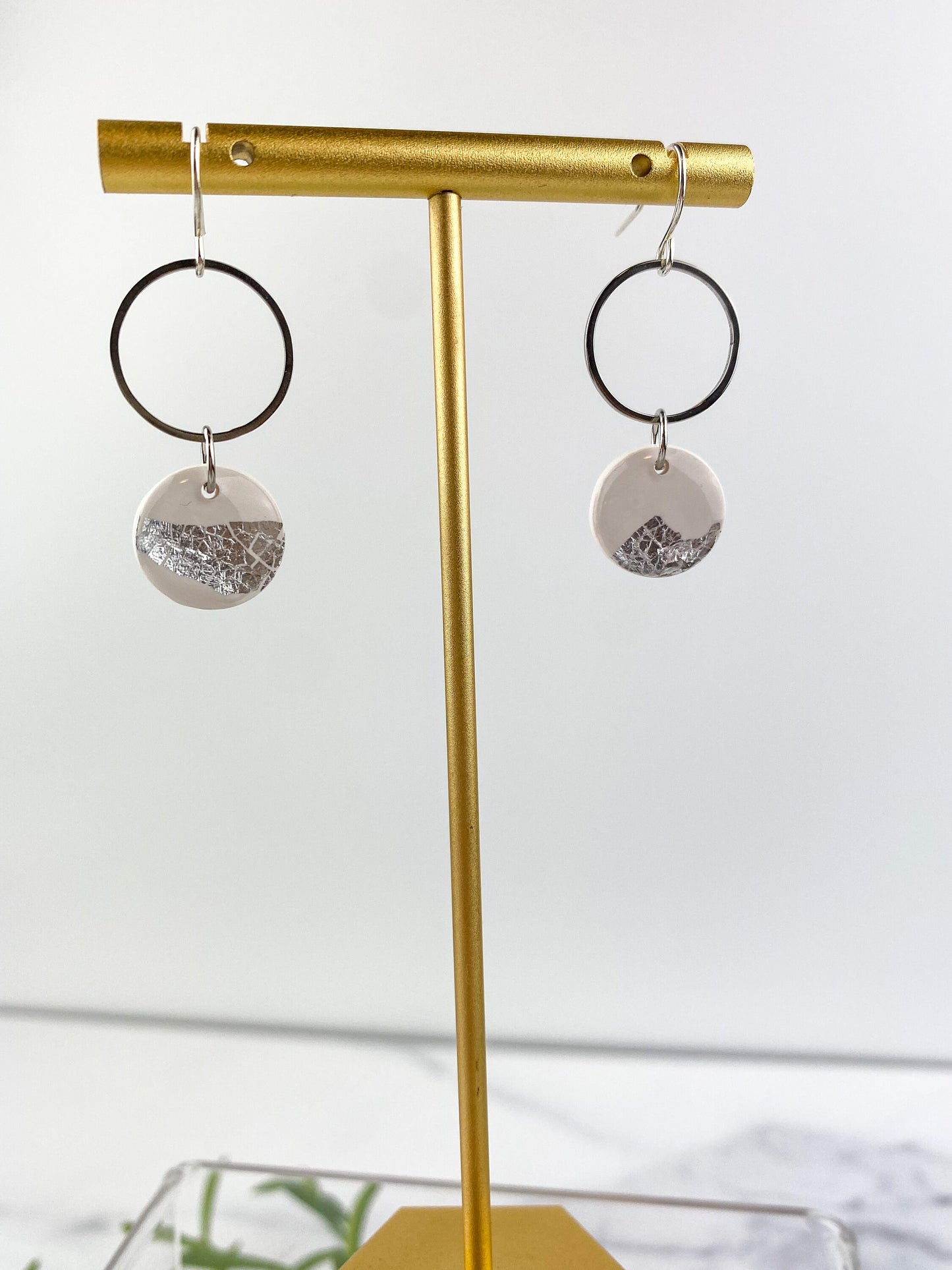 Lauren | White Clay and Silver Leaf Circle Drop Earring, Cute Clay Statement Earring, Nickel-Free Earring - Light Shine Jewelry, Lightweight