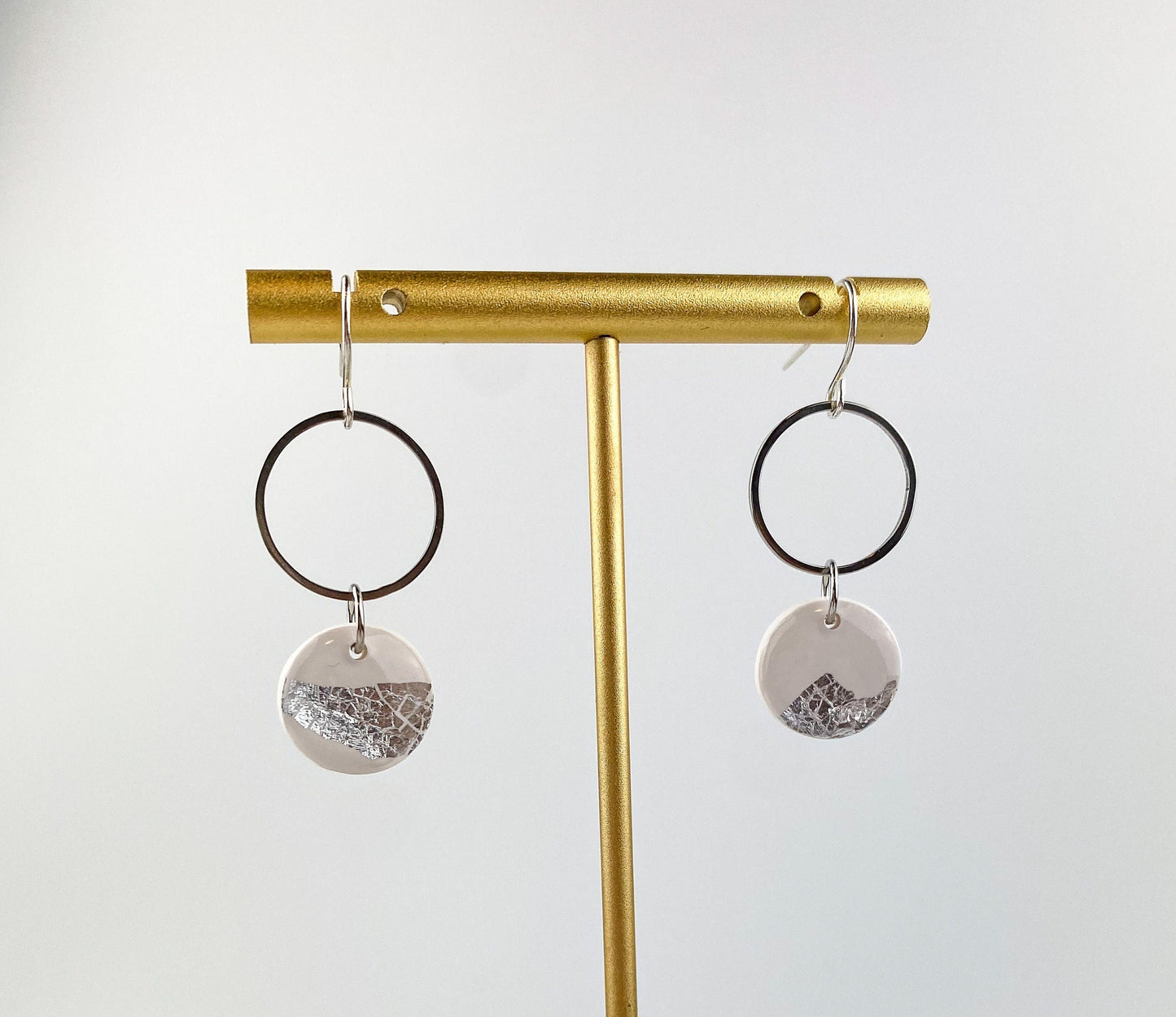 Lauren | White Clay and Silver Leaf Circle Drop Earring, Cute Clay Statement Earring, Nickel-Free Earring - Light Shine Jewelry, Lightweight