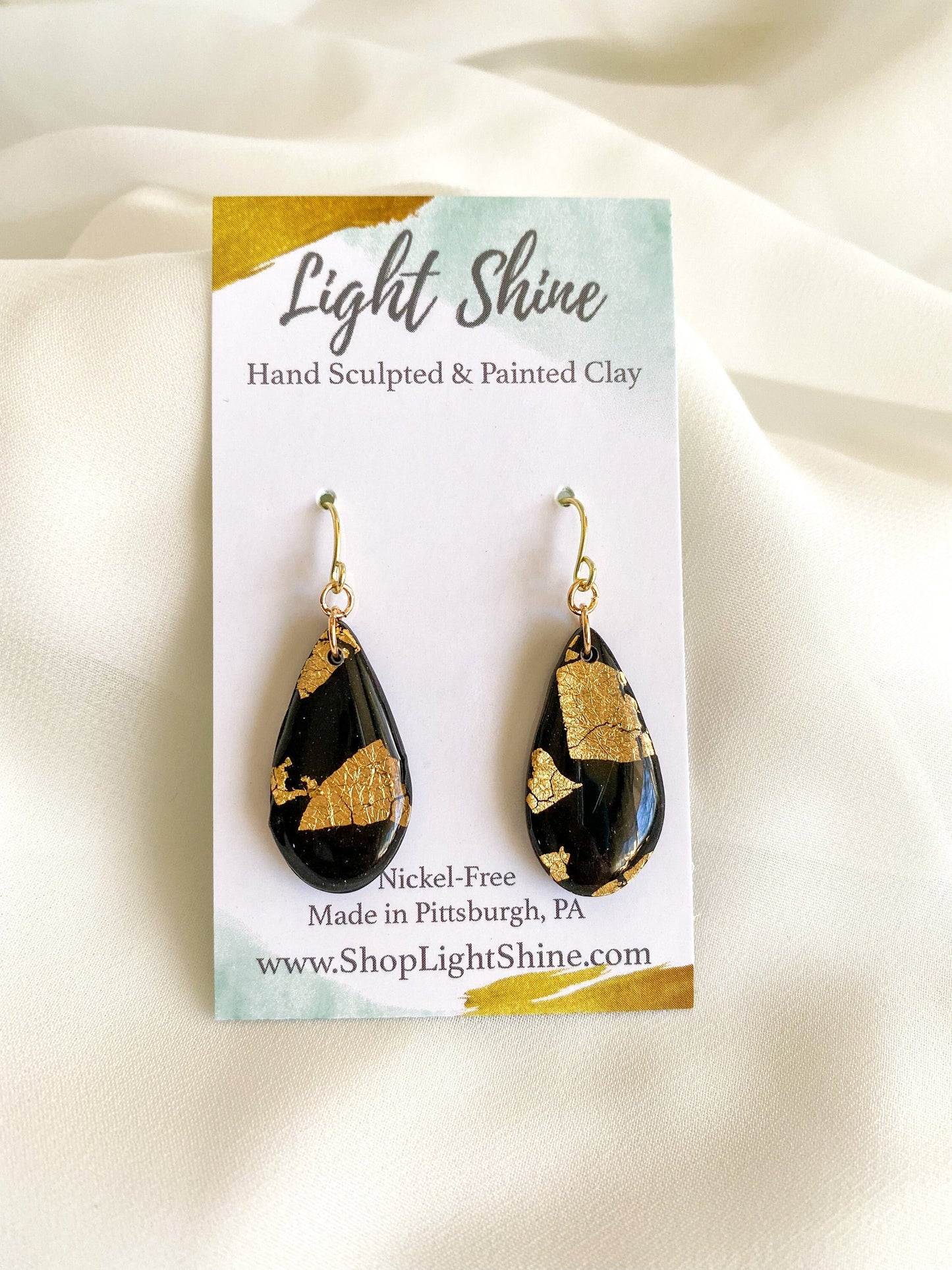 Black Clay and Gold Leaf Teardrop Shaped Earring, Classic Earring, Lightweight Nickel-Free, Light Shine Jewelry