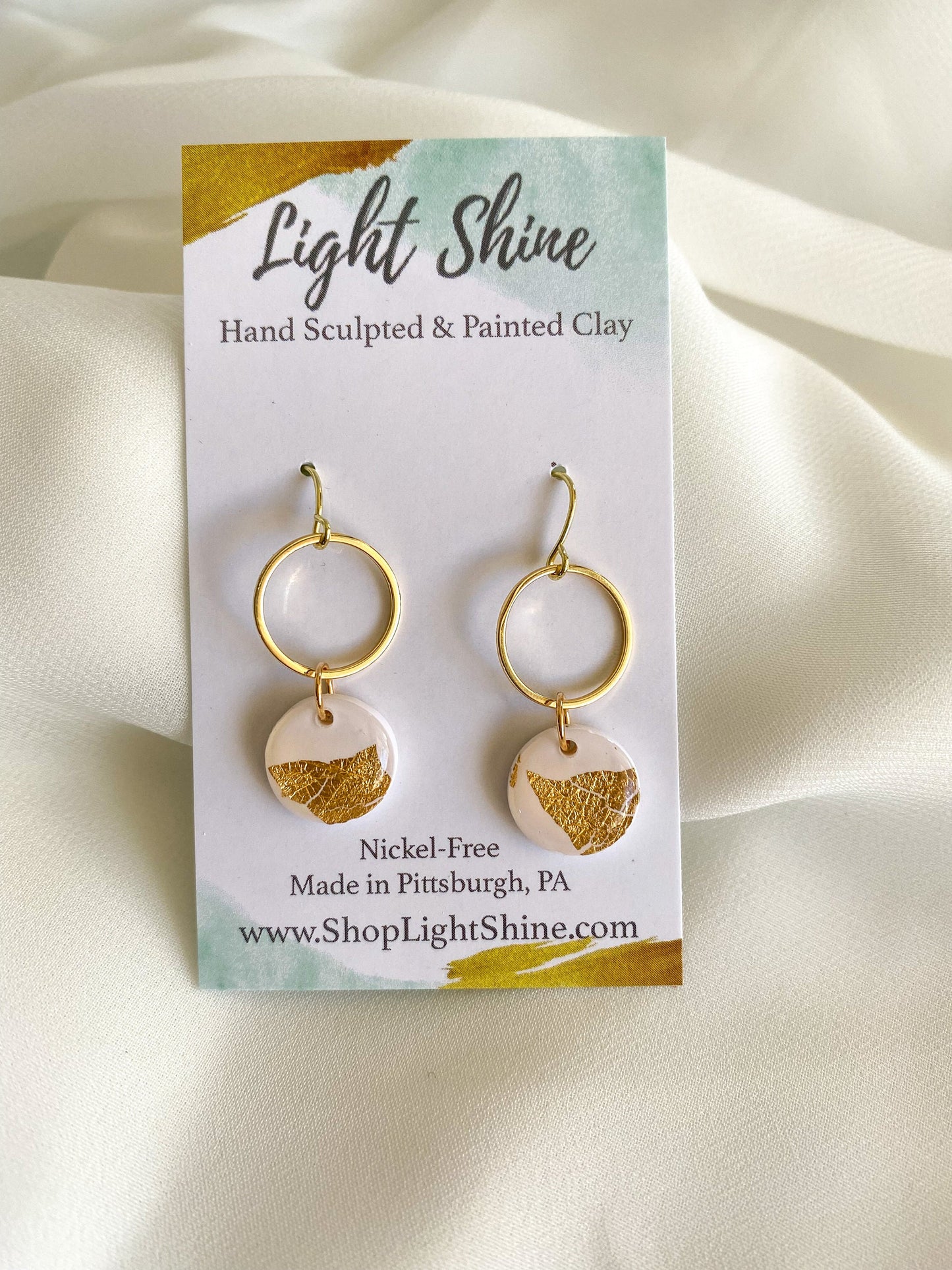 White and Gold Clay Earring, Cute Polymer Clay Earring, Nickel-Free Earring - Light Shine Jewelry, Lightweight Earring, Matthew 5:16