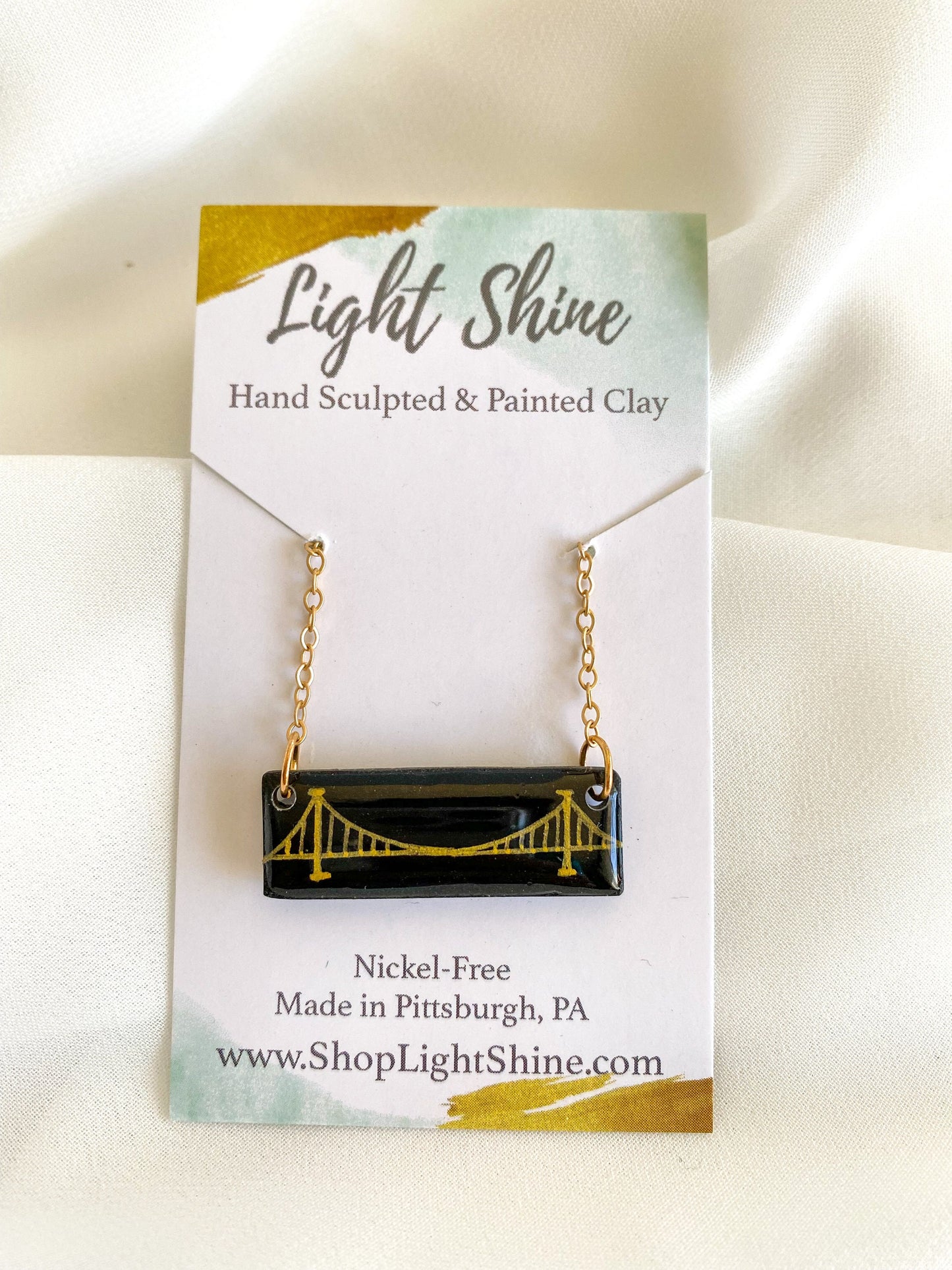 Pittsburgh Jewelry | Clay Bridge Necklace | Light Shine Lightweight Clay Black and Gold-Hand Drawn Adjustable Bar Necklace