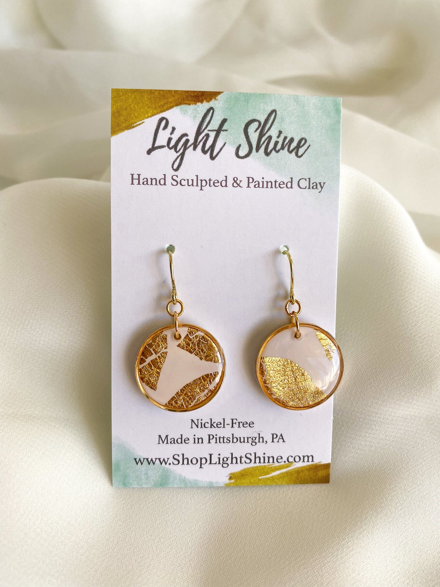White Clay and Gold Leaf Circle Statement Earring, Polymer Clay Drop Earring, Modern Lightweight Clay Earring, Light Shine Jewelry