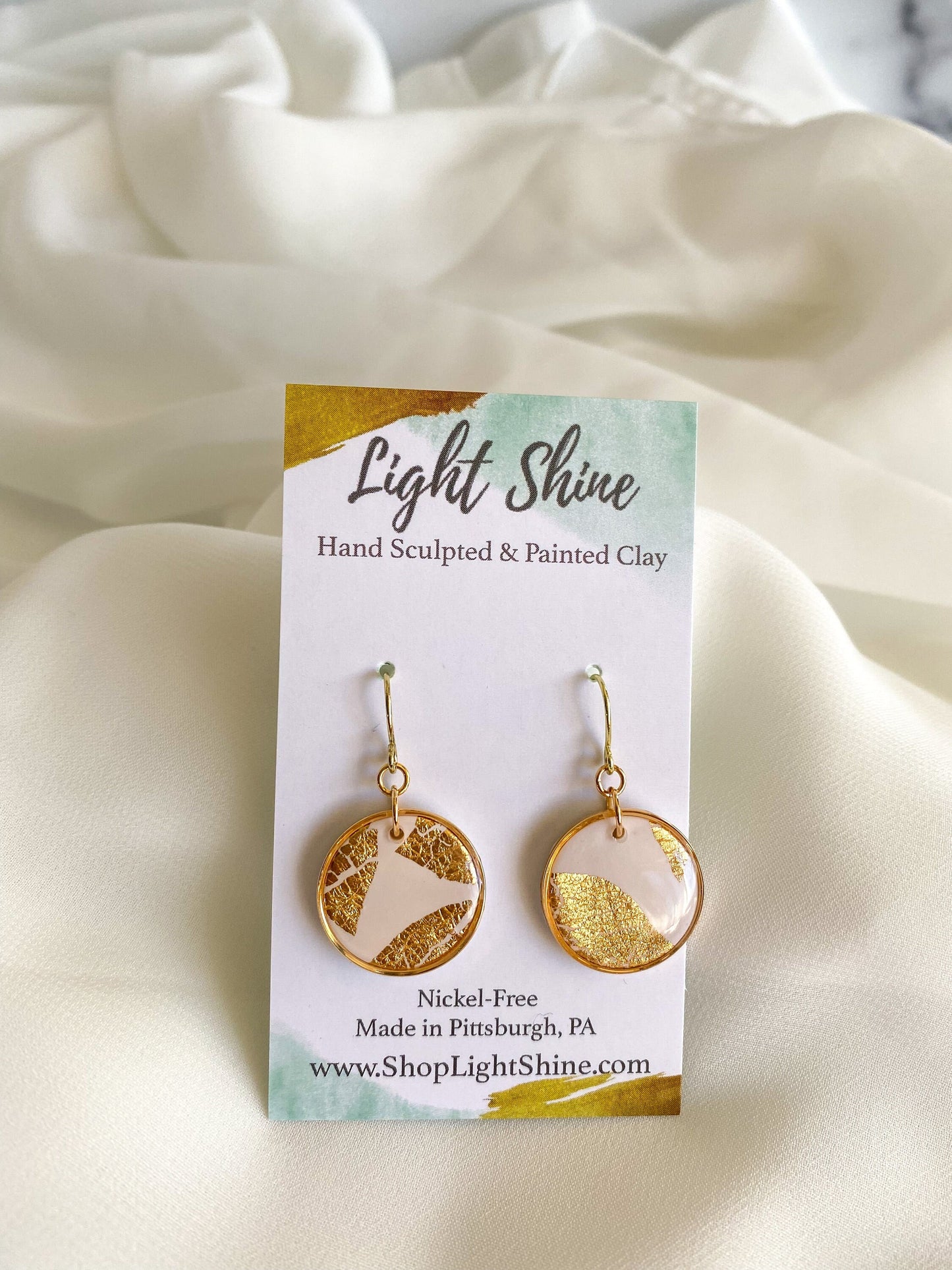 White Clay and Gold Leaf Circle Statement Earring, Polymer Clay Drop Earring, Modern Lightweight Clay Earring, Light Shine Jewelry