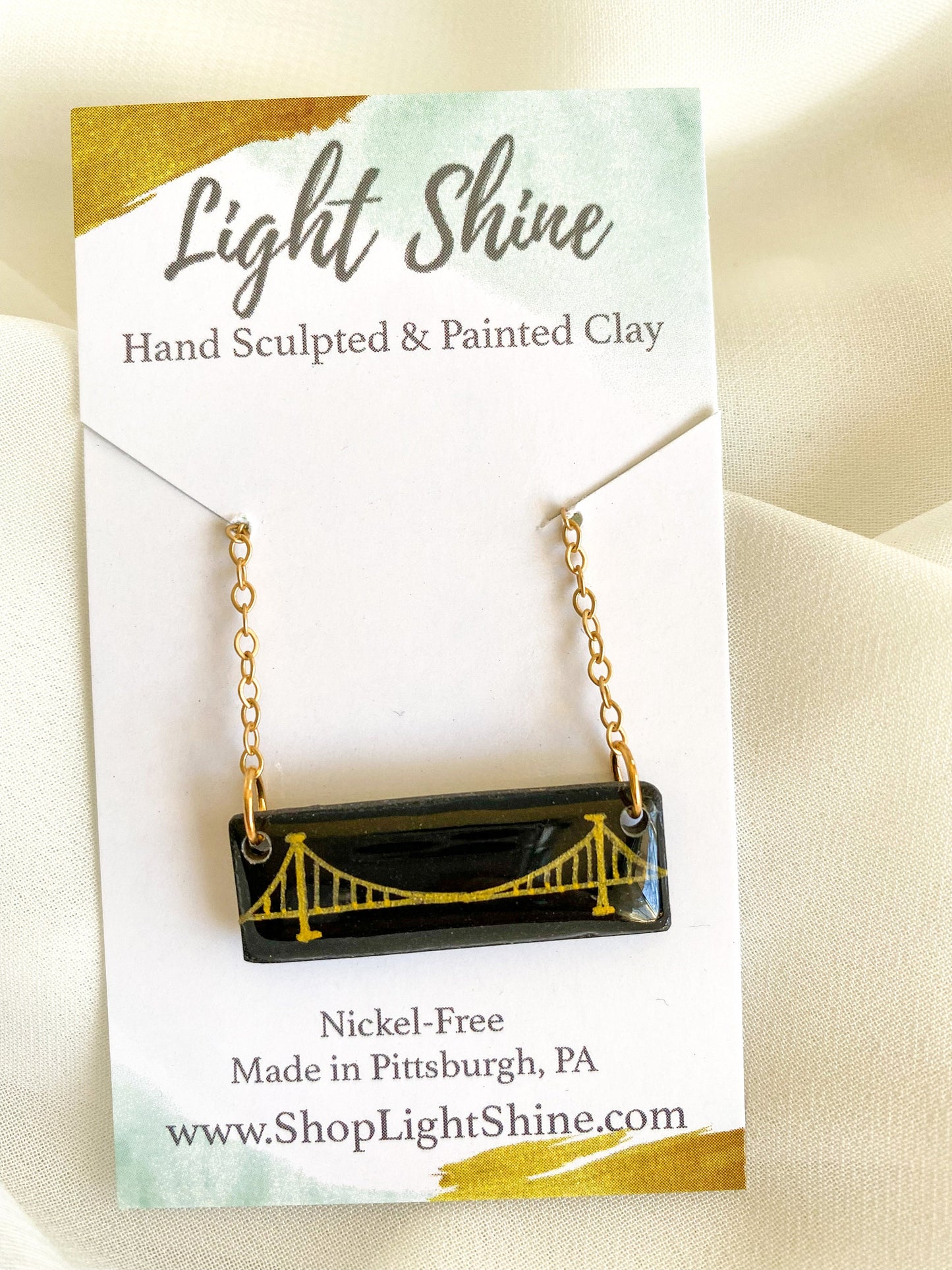 Pittsburgh Jewelry | Clay Bridge Necklace | Light Shine Lightweight Clay Black and Gold-Hand Drawn Adjustable Bar Necklace