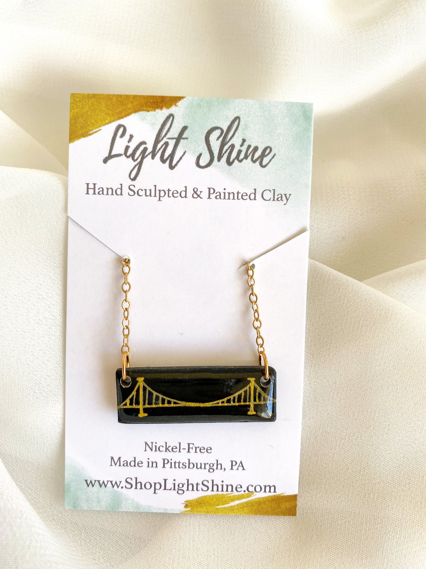 Pittsburgh Jewelry | Clay Bridge Necklace | Light Shine Lightweight Clay Black and Gold-Hand Drawn Adjustable Bar Necklace