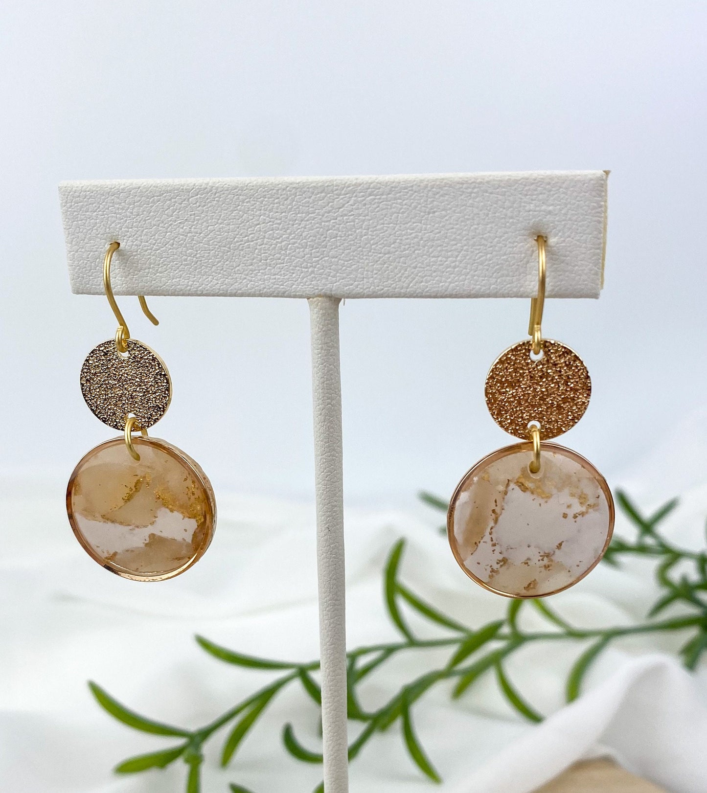 White and Translucent Clay Circle Statement Earring, Solid Brass Accent, Polymer Clay Drop Earring, Light Shine Jewelry