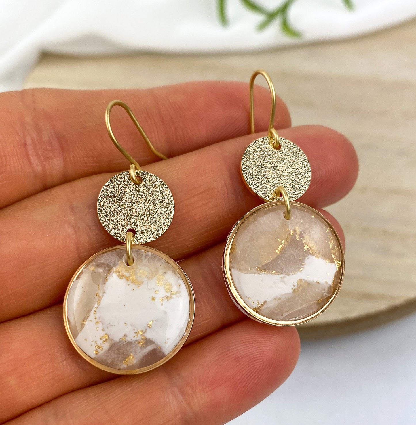 White and Translucent Clay Circle Statement Earring, Solid Brass Accent, Polymer Clay Drop Earring, Light Shine Jewelry