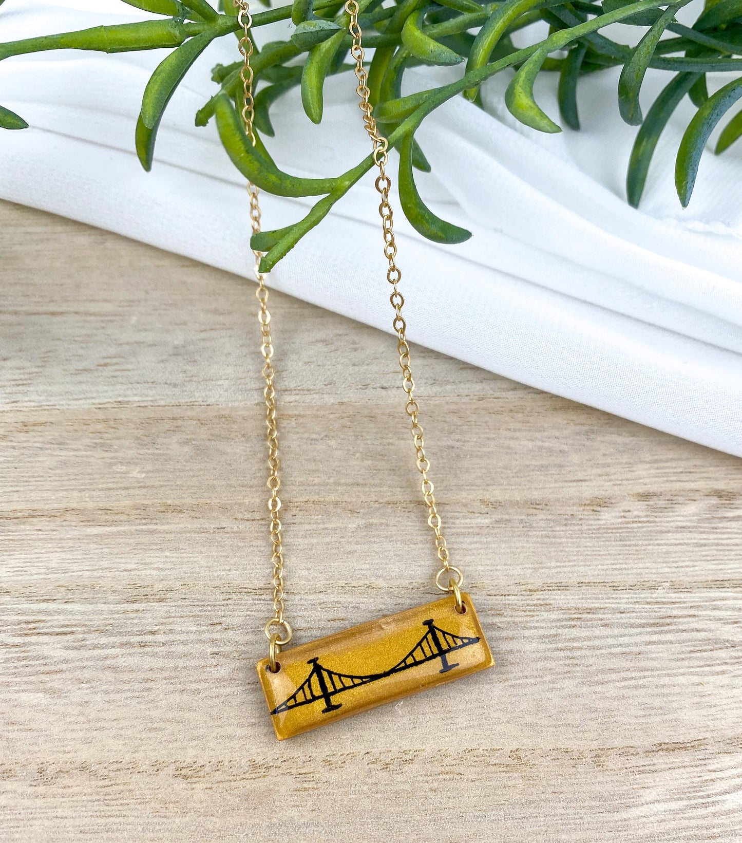 Pittsburgh Jewelry | Clay Bridge Necklace | Light Shine Lightweight Clay Black and Gold-Hand Drawn