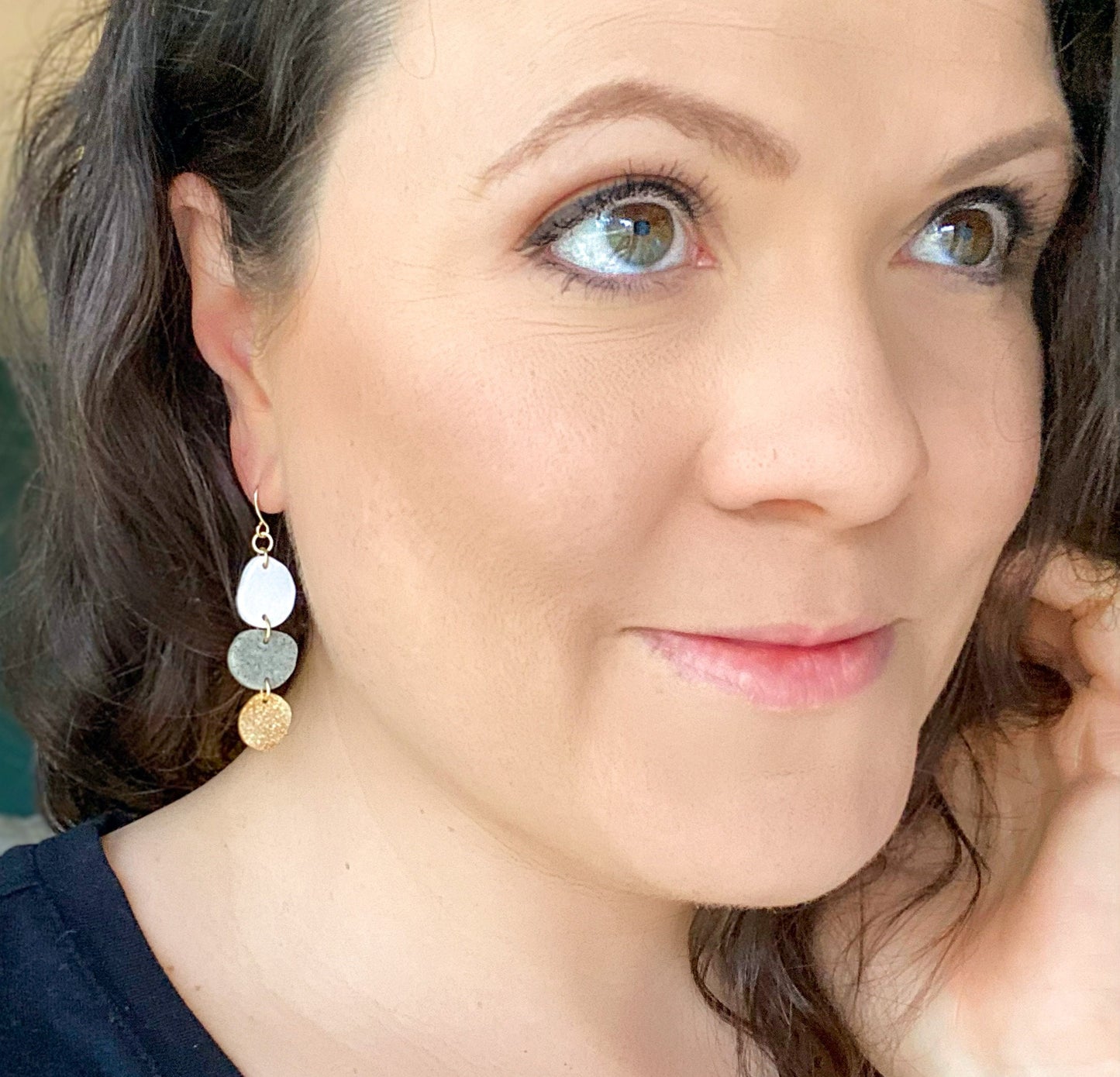 Trinity Earring | Neutral Clay Earring | Gold Dangle Earring | Light Shine Jewelry | Lightweight Everyday Earring | White and Gray Drop