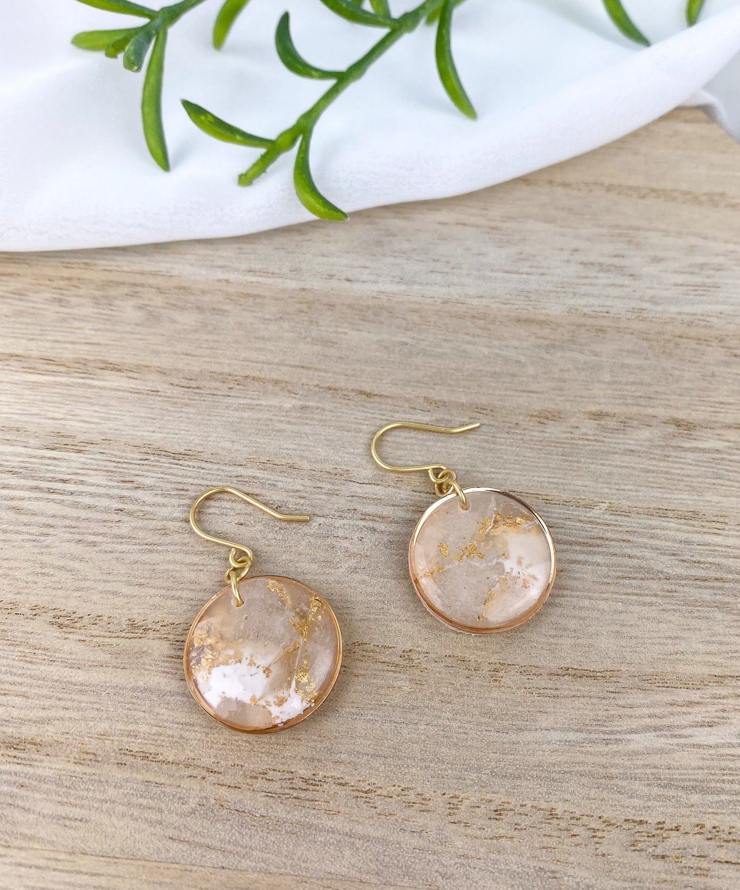 White and Translucent Clay Circle Statement Earring, Solid Brass Accent, Polymer Clay Drop Earring, Light Shine Jewelry | Lightweight Dangle