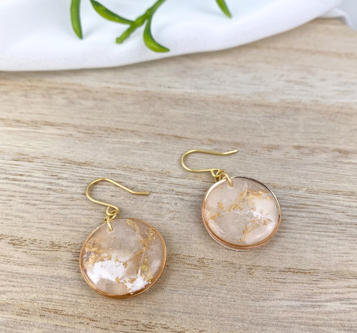 White and Translucent Clay Circle Statement Earring, Solid Brass Accent, Polymer Clay Drop Earring, Light Shine Jewelry | Lightweight Dangle