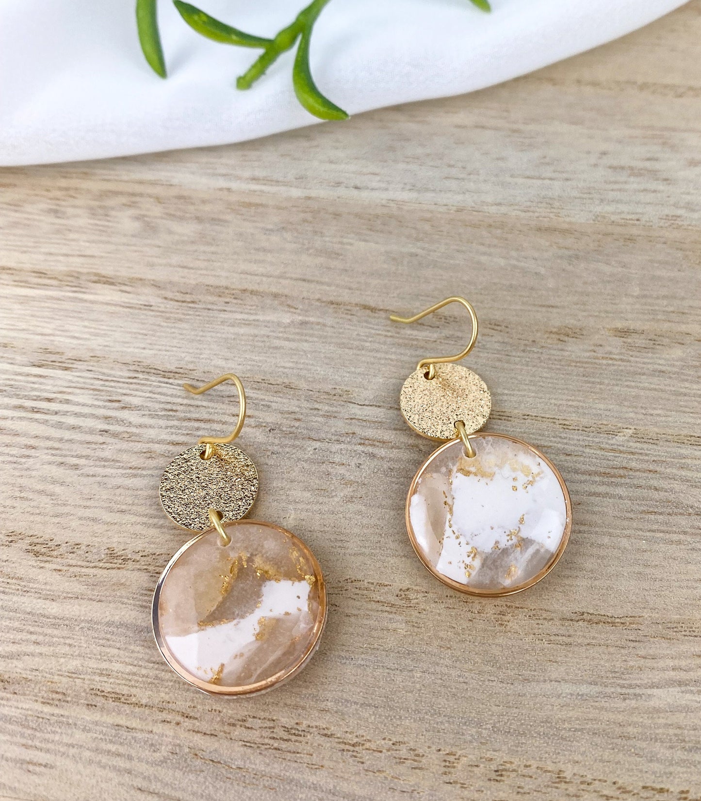 White and Translucent Clay Circle Statement Earring, Solid Brass Accent, Polymer Clay Drop Earring, Light Shine Jewelry