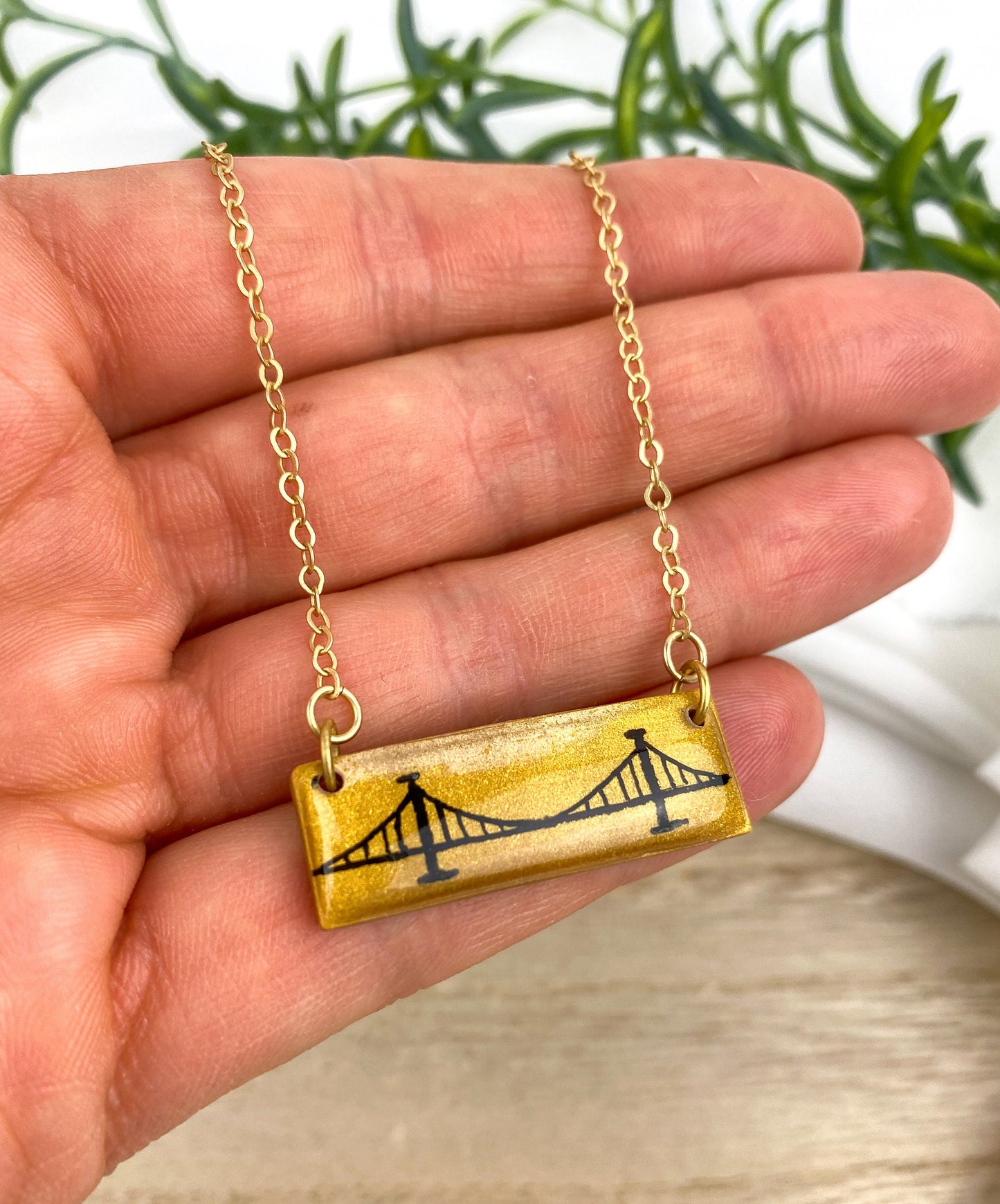 Pittsburgh Jewelry | Clay Bridge Necklace | Light Shine Lightweight Clay Black and Gold-Hand Drawn