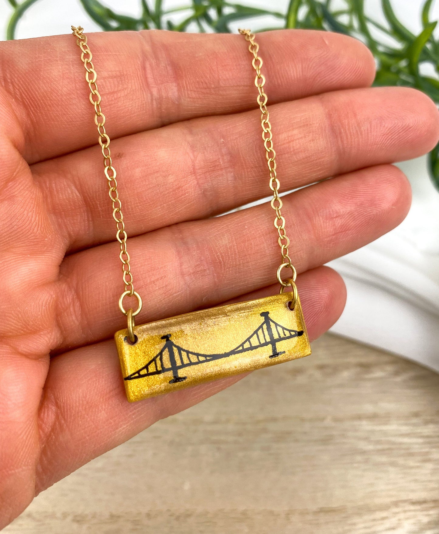 Pittsburgh Jewelry | Clay Bridge Necklace | Light Shine Lightweight Clay Black and Gold-Hand Drawn