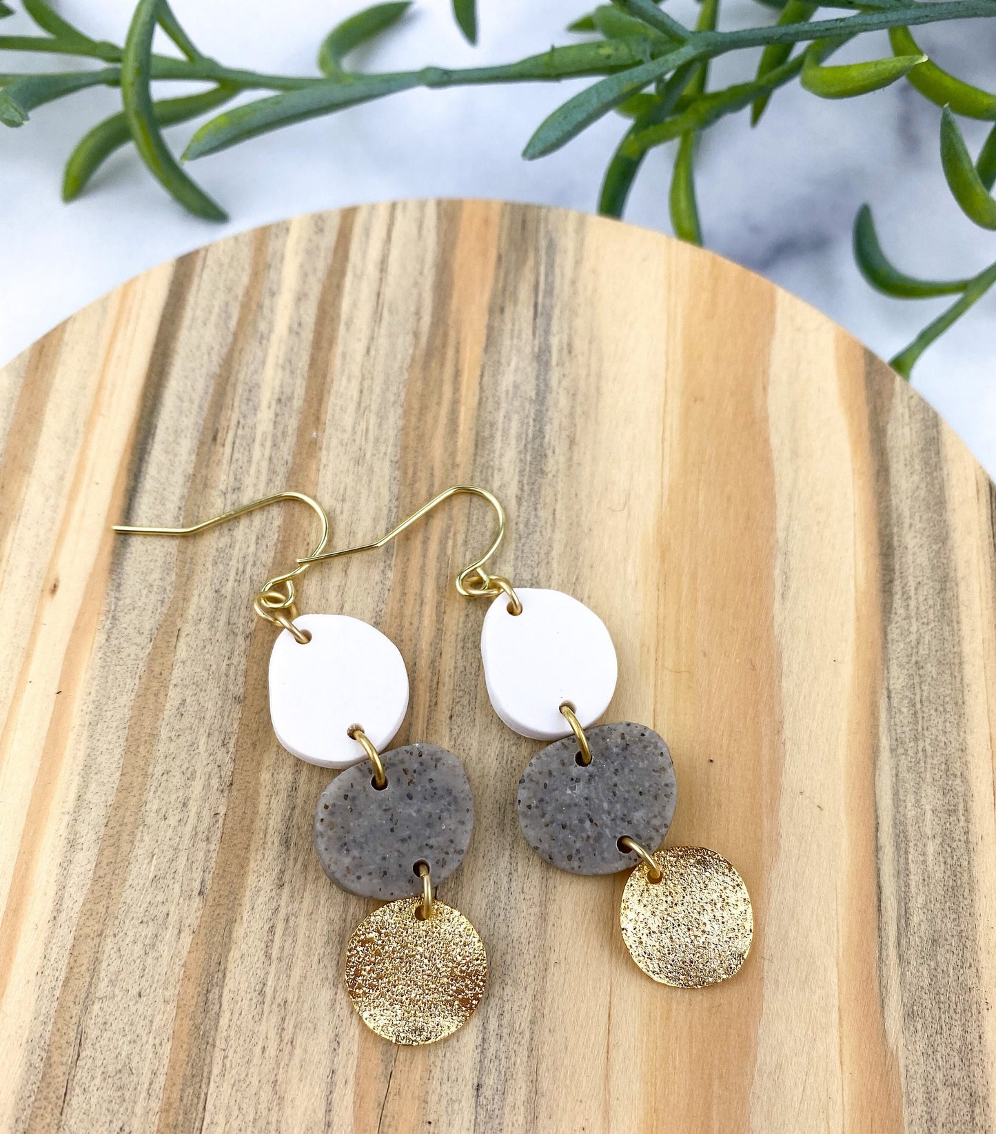 Trinity Earring | Neutral Clay Earring | Gold Dangle Earring | Light Shine Jewelry | Lightweight Everyday Earring | White and Gray Drop