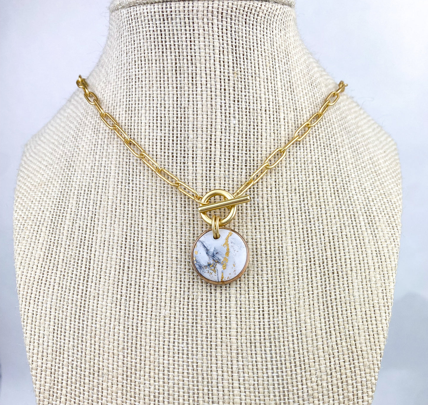 Black and White Clay Marble | Gold Paperclip Chain Statement Necklace | Light Shine Jewelry | Clay & Resin Pendant | Short Necklace
