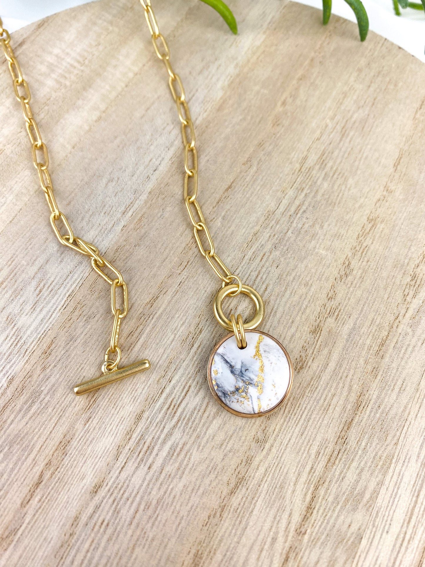 Black and White Clay Marble | Gold Paperclip Chain Statement Necklace | Light Shine Jewelry | Clay & Resin Pendant | Short Necklace