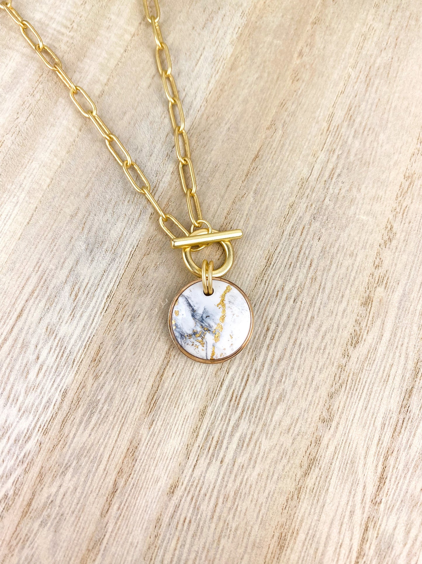 Black and White Clay Marble | Gold Paperclip Chain Statement Necklace | Light Shine Jewelry | Clay & Resin Pendant | Short Necklace