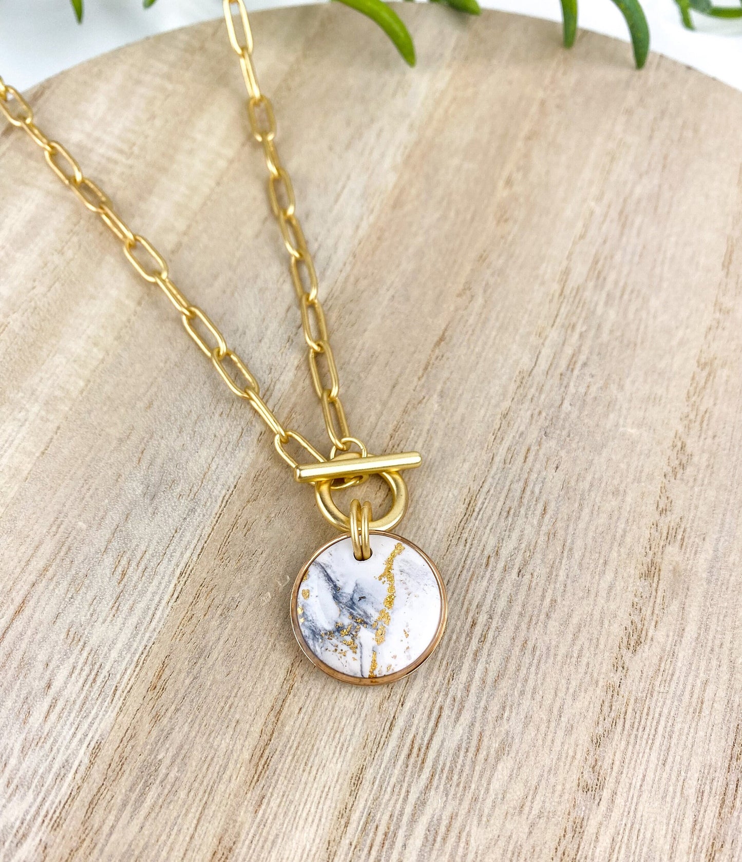 Black and White Clay Marble | Gold Paperclip Chain Statement Necklace | Light Shine Jewelry | Clay & Resin Pendant | Short Necklace