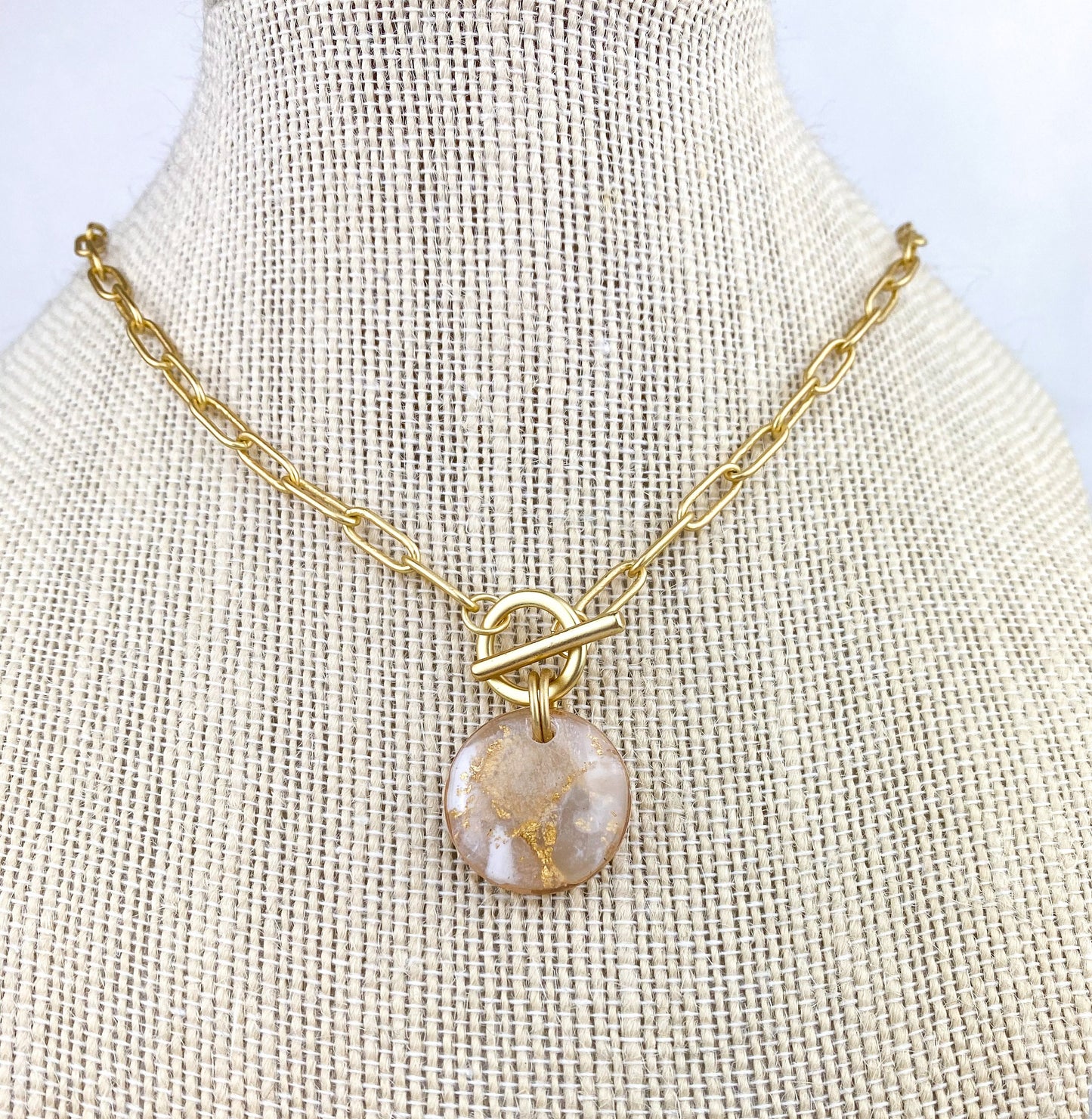 Neutral Translucent and White Clay | Gold Paperclip Chain Statement Necklace | Light Shine Jewelry | Clay & Resin Pendant | Short Necklace