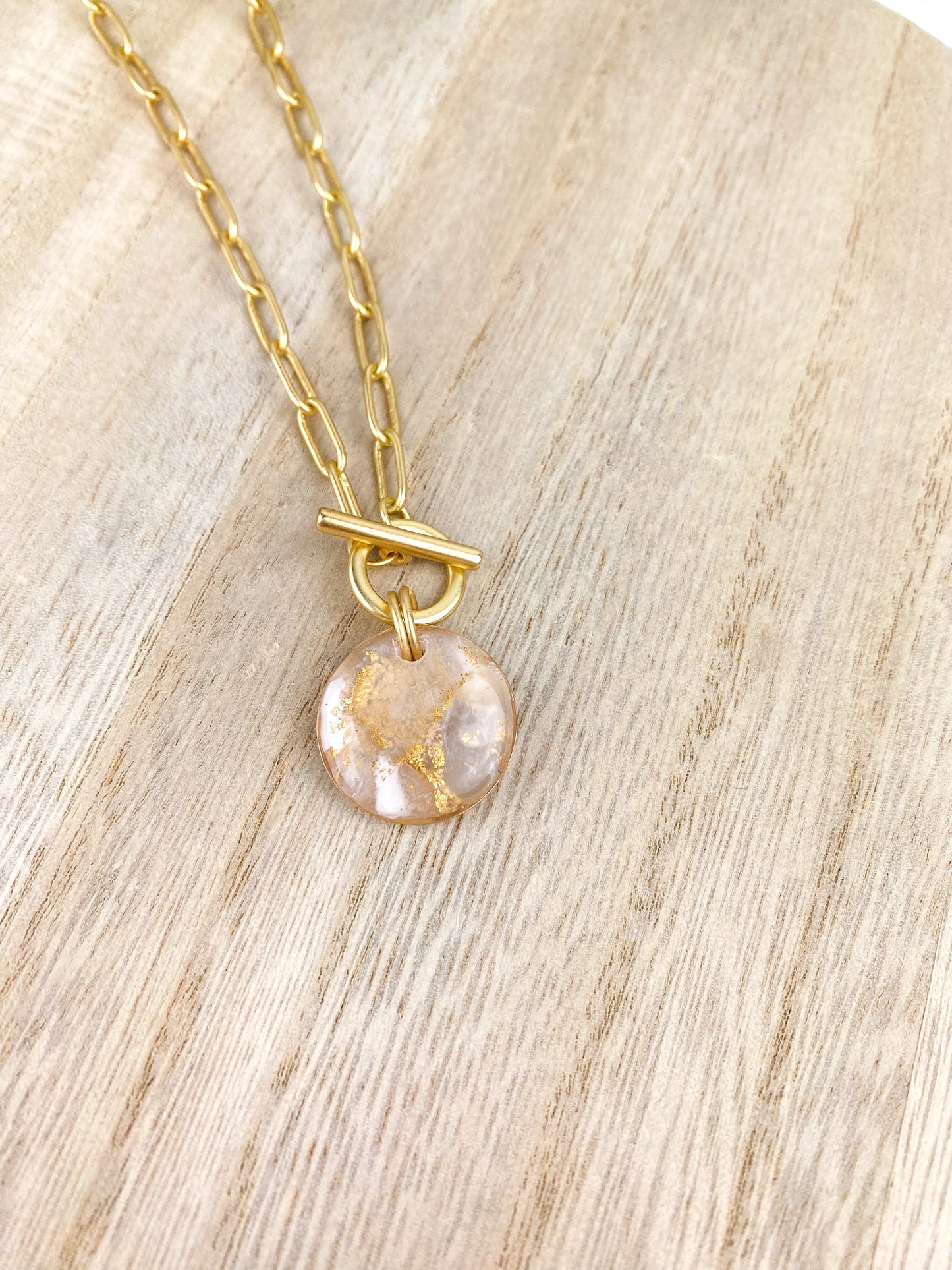 Neutral Translucent and White Clay | Gold Paperclip Chain Statement Necklace | Light Shine Jewelry | Clay & Resin Pendant | Short Necklace