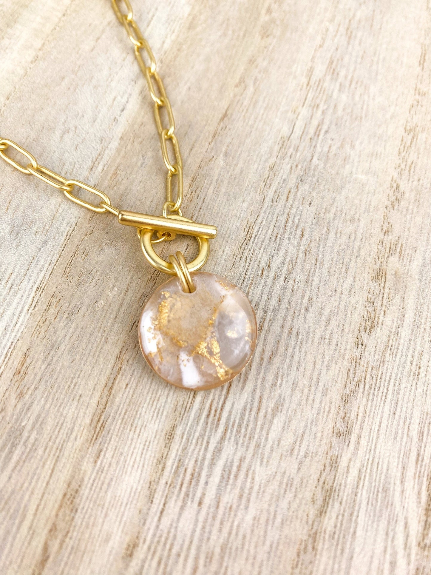 Neutral Translucent and White Clay | Gold Paperclip Chain Statement Necklace | Light Shine Jewelry | Clay & Resin Pendant | Short Necklace