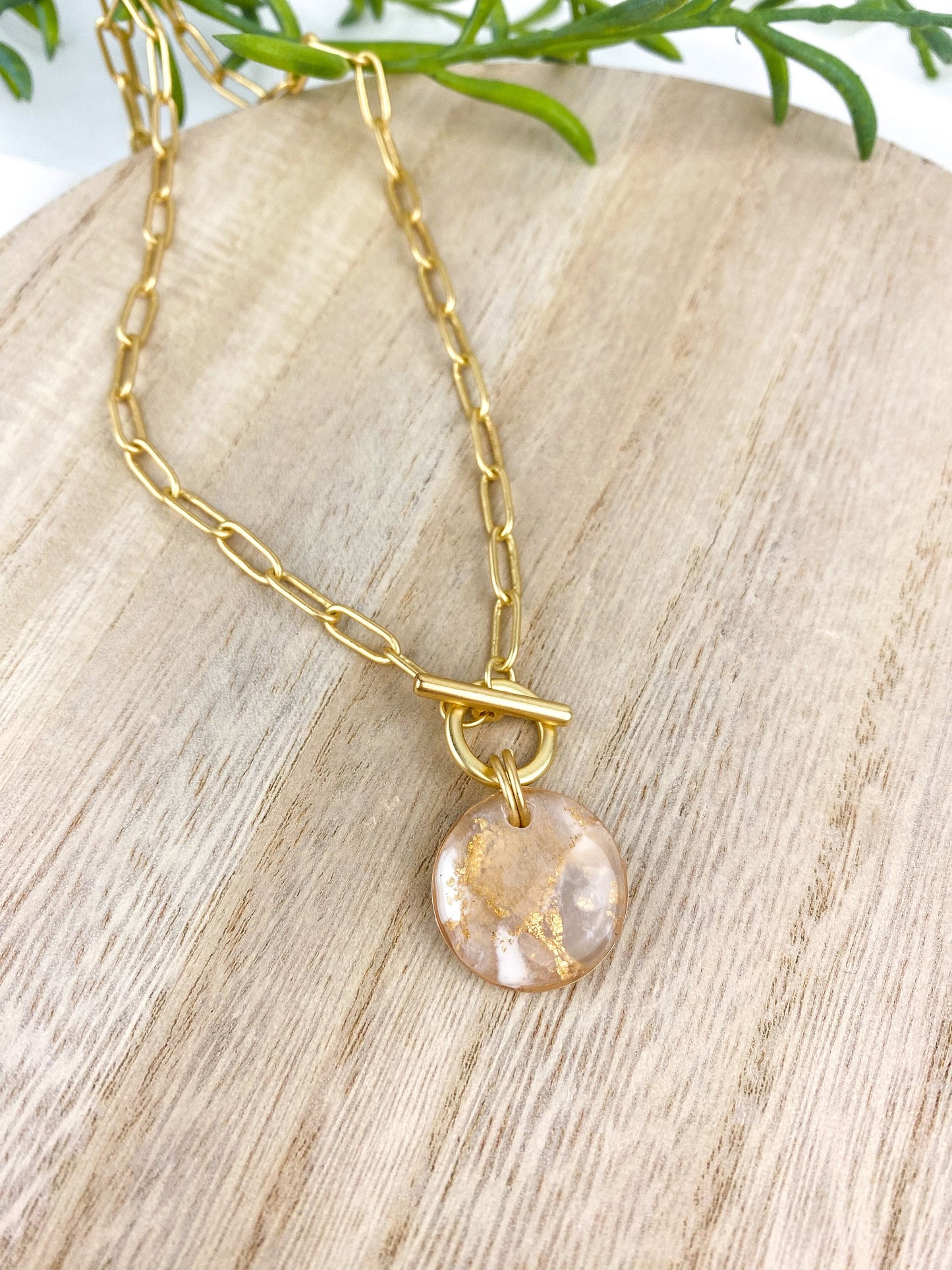 Neutral Translucent and White Clay | Gold Paperclip Chain Statement Necklace | Light Shine Jewelry | Clay & Resin Pendant | Short Necklace