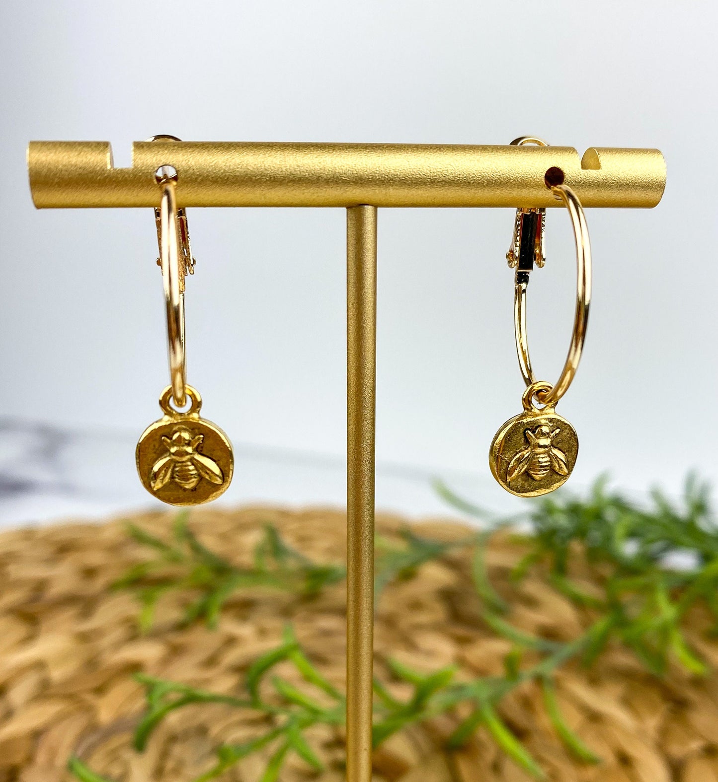 Cute Tiny Bee Earring, Nickel-Free Gold Plated Brass- Light Shine Jewelry, Lightweight Fun Hoop Earring | Bumble Bee Summer Earring