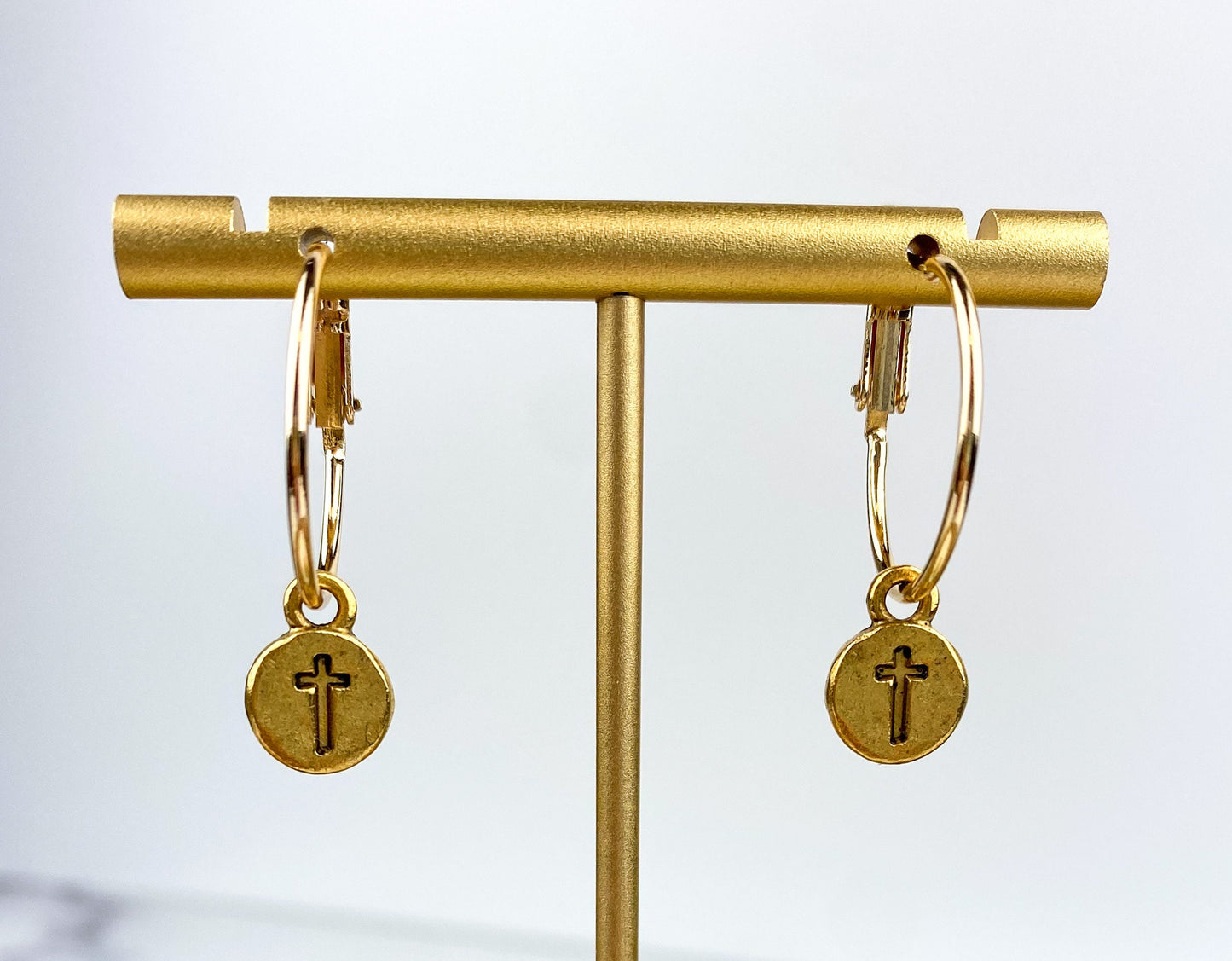 Cute Tiny Cross Earring, Nickel-Free Gold Plated Brass- Light Shine Jewelry, Lightweight Fun Hoop Earring | Summer Christian Drop