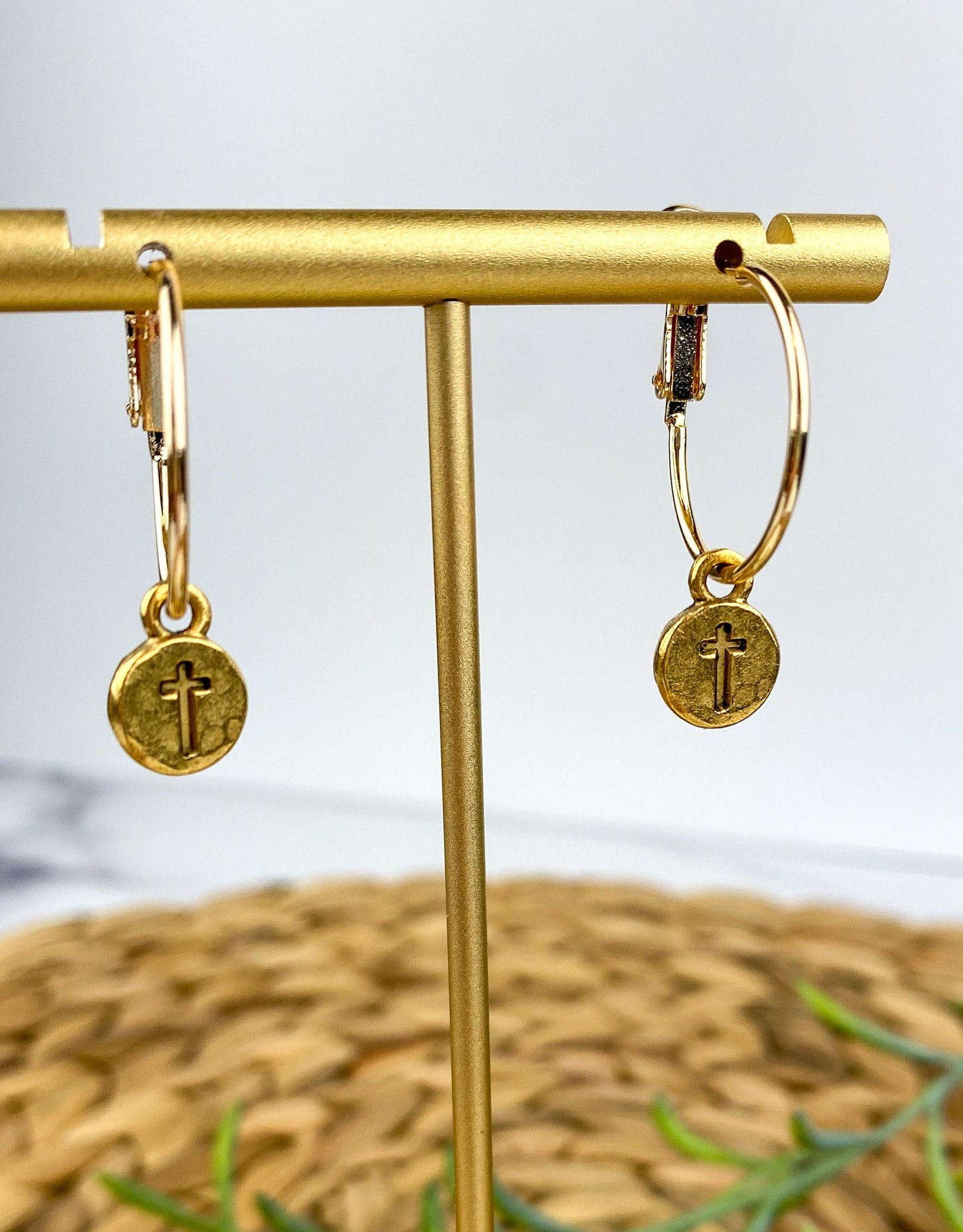 Cute Tiny Cross Earring, Nickel-Free Gold Plated Brass- Light Shine Jewelry, Lightweight Fun Hoop Earring | Summer Christian Drop