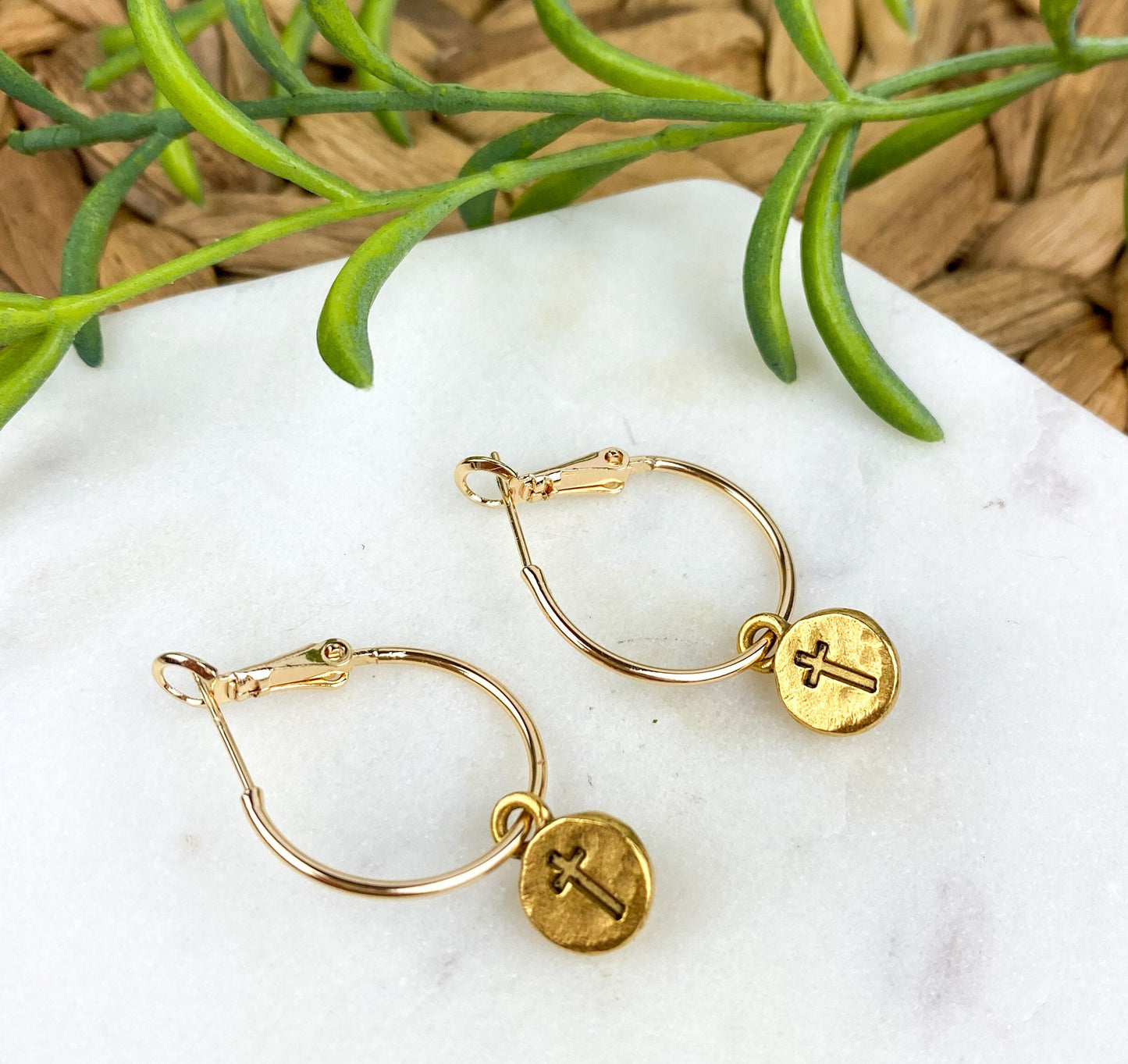 Cute Tiny Cross Earring, Nickel-Free Gold Plated Brass- Light Shine Jewelry, Lightweight Fun Hoop Earring | Summer Christian Drop