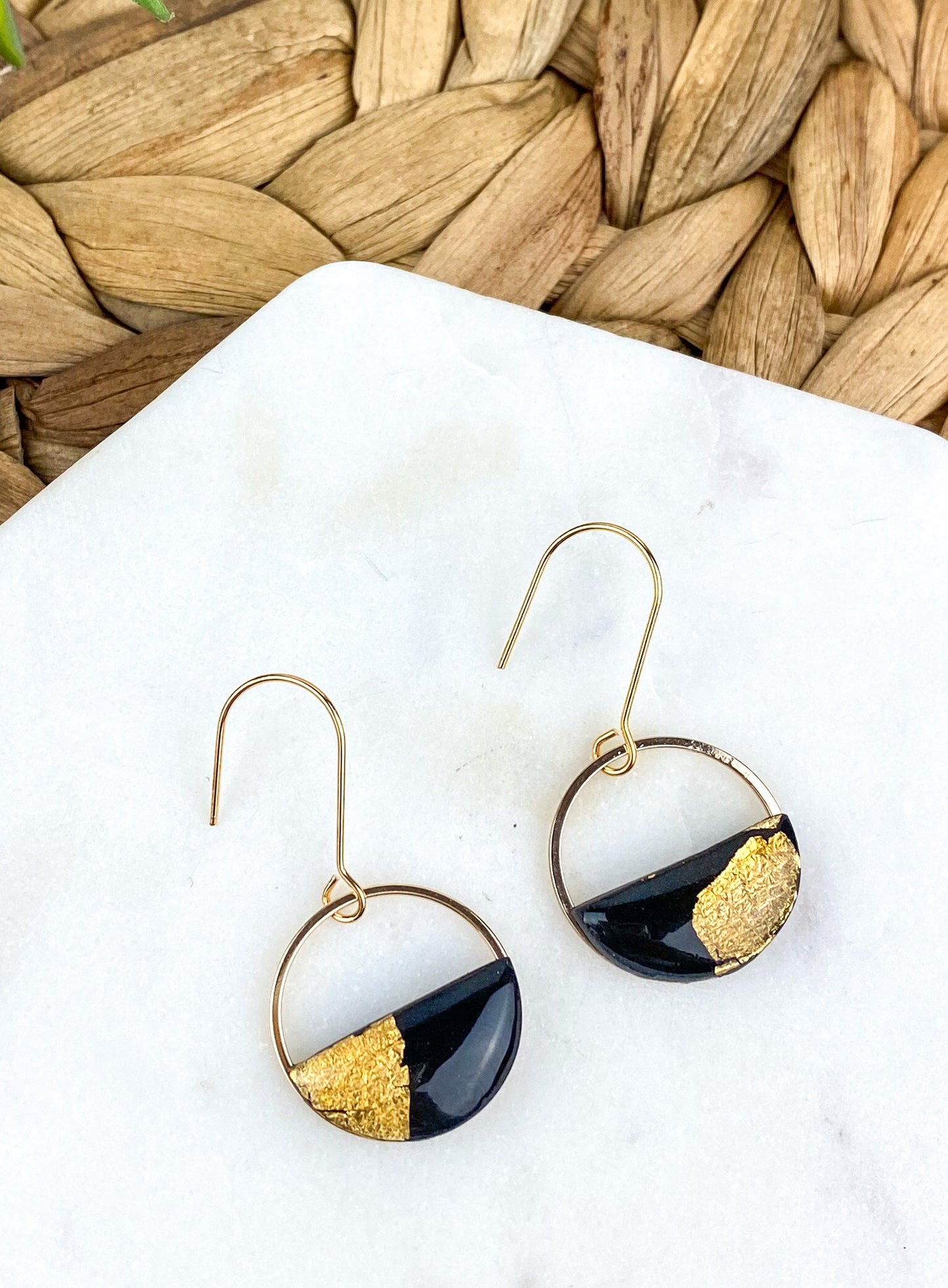 Half Circle Clay Statement Earring, Black and Gold Clay Drop Earring, Modern Lightweight Clay Earring, Light Shine Jewelry