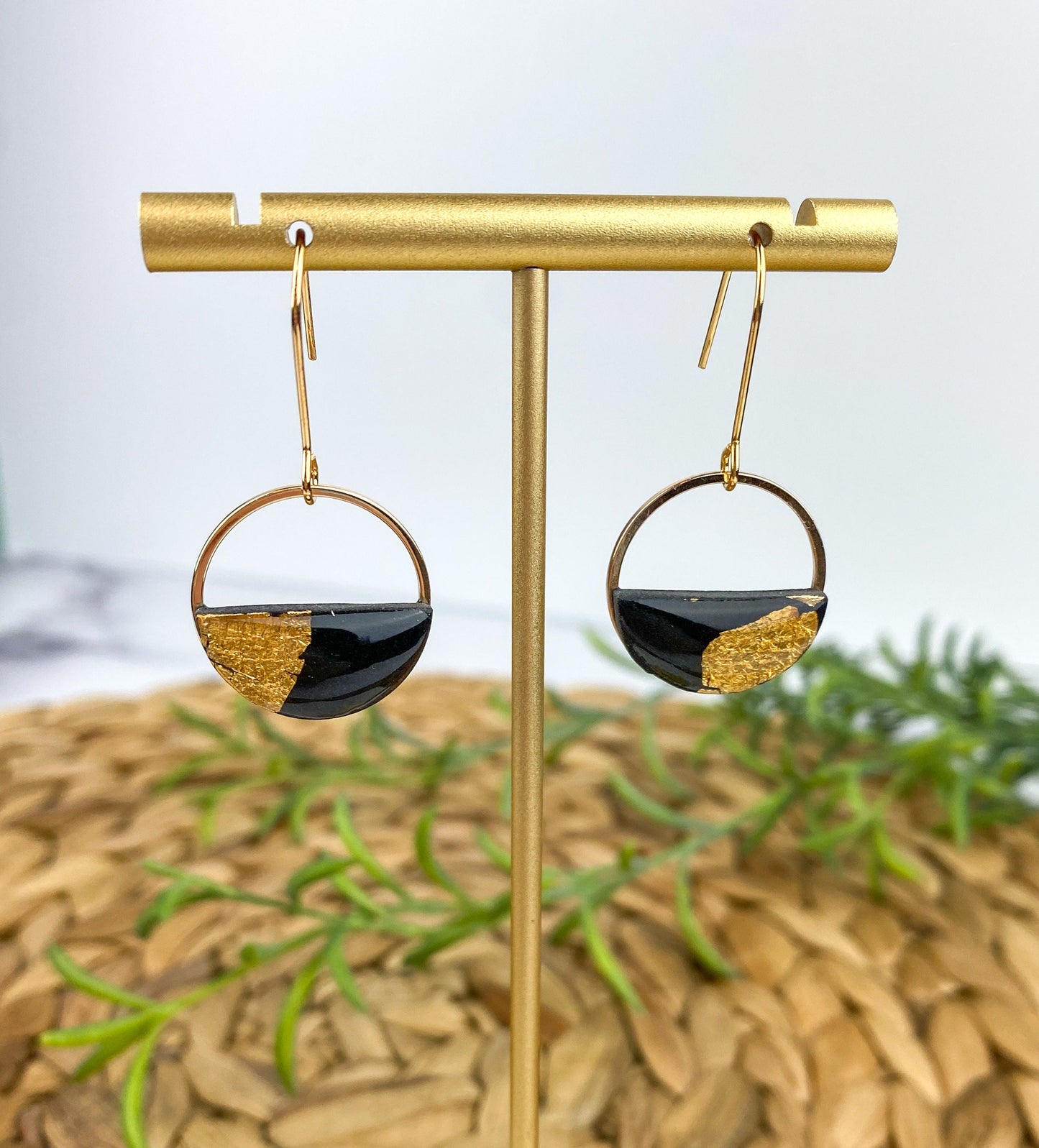Half Circle Clay Statement Earring, Black and Gold Clay Drop Earring, Modern Lightweight Clay Earring, Light Shine Jewelry