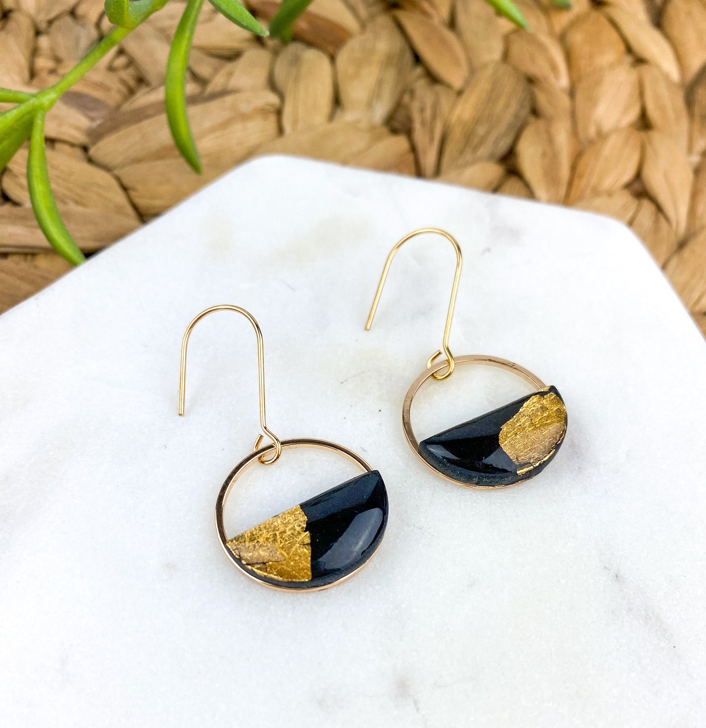 Half Circle Clay Statement Earring, Black and Gold Clay Drop Earring, Modern Lightweight Clay Earring, Light Shine Jewelry