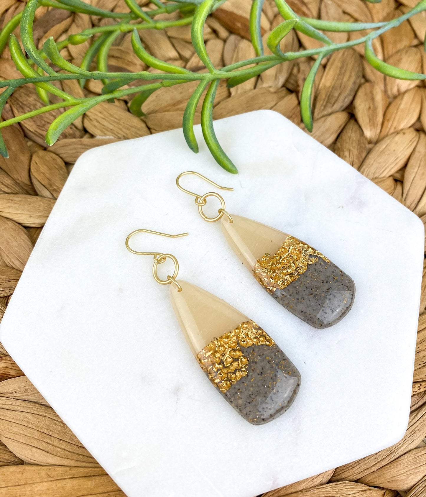 Gray & Neutral, Hammered Gold Look Clay Dagger Shape Drop Earring | Textured Clay Dangle Earring