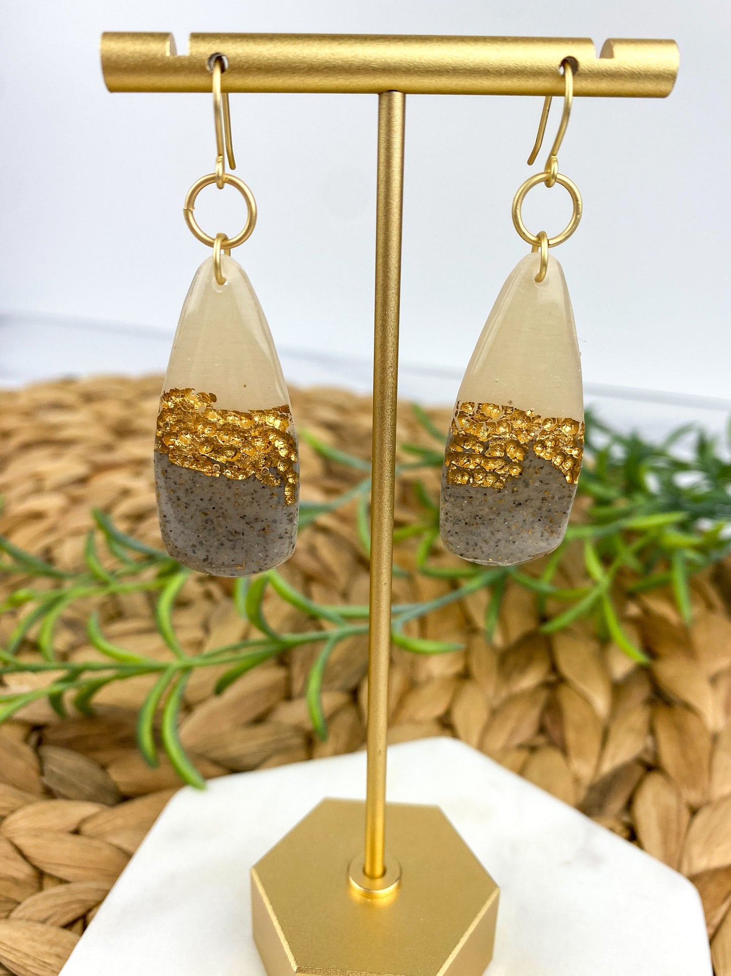 Gray & Neutral, Hammered Gold Look Clay Dagger Shape Drop Earring | Textured Clay Dangle Earring