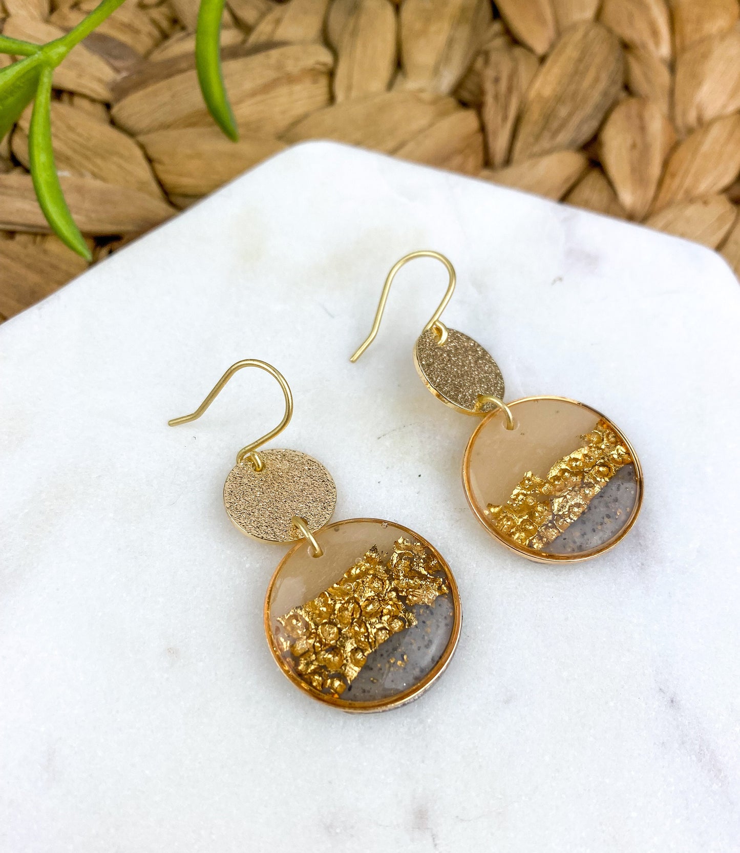 Gray & Neutral, Hammered Gold Look Clay Lynda Circle Shape Drop Earring | Textured Clay Dangle Earring