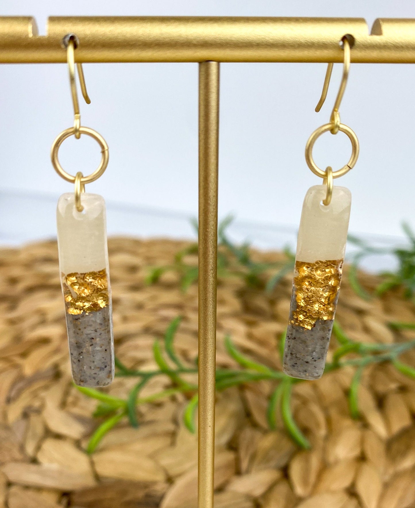 Gray & Neutral, Hammered Gold Look Clay Lynda Stick | Linear Shape Drop Earring | Textured Clay Dangle Earring