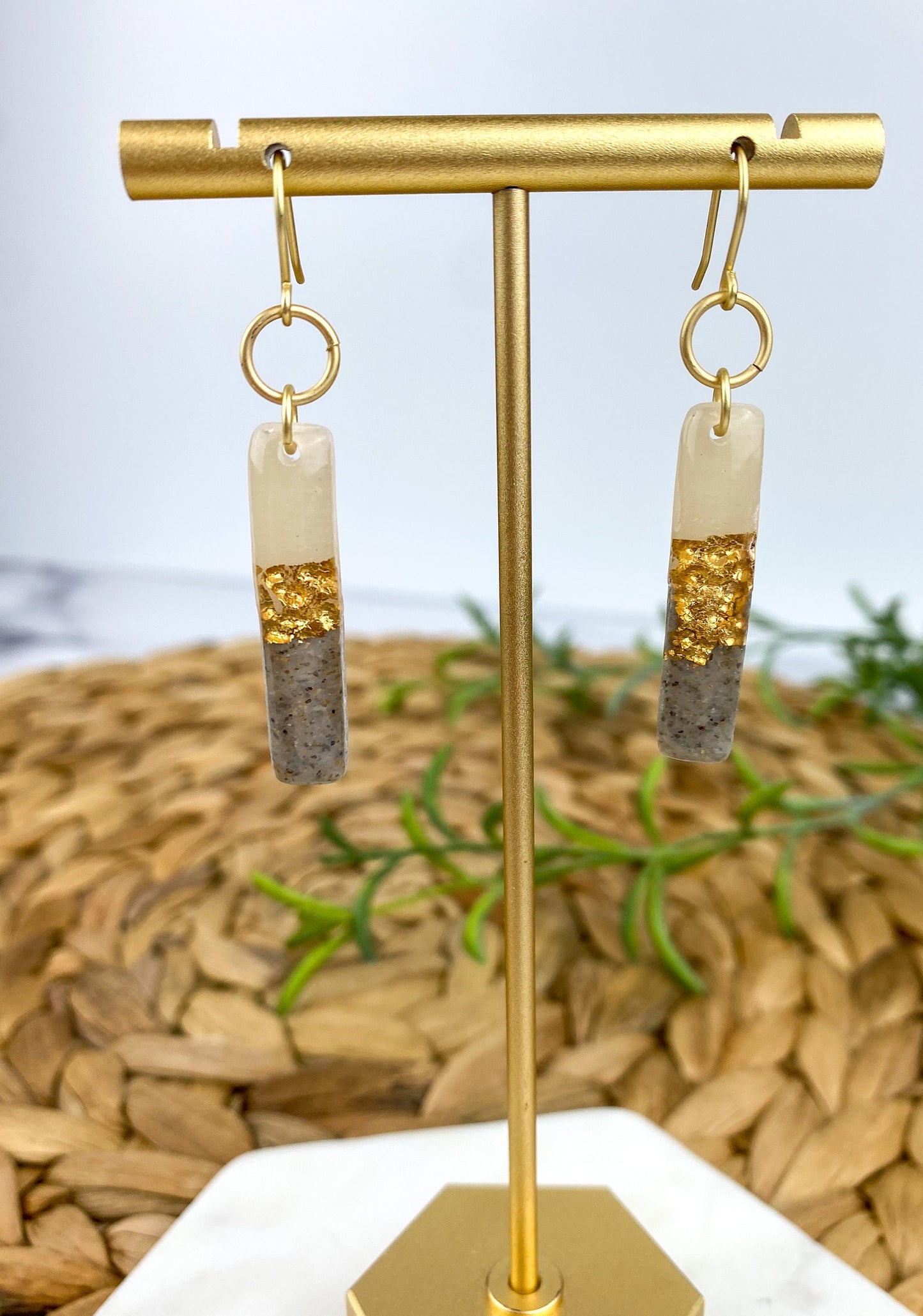 Gray & Neutral, Hammered Gold Look Clay Lynda Stick | Linear Shape Drop Earring | Textured Clay Dangle Earring